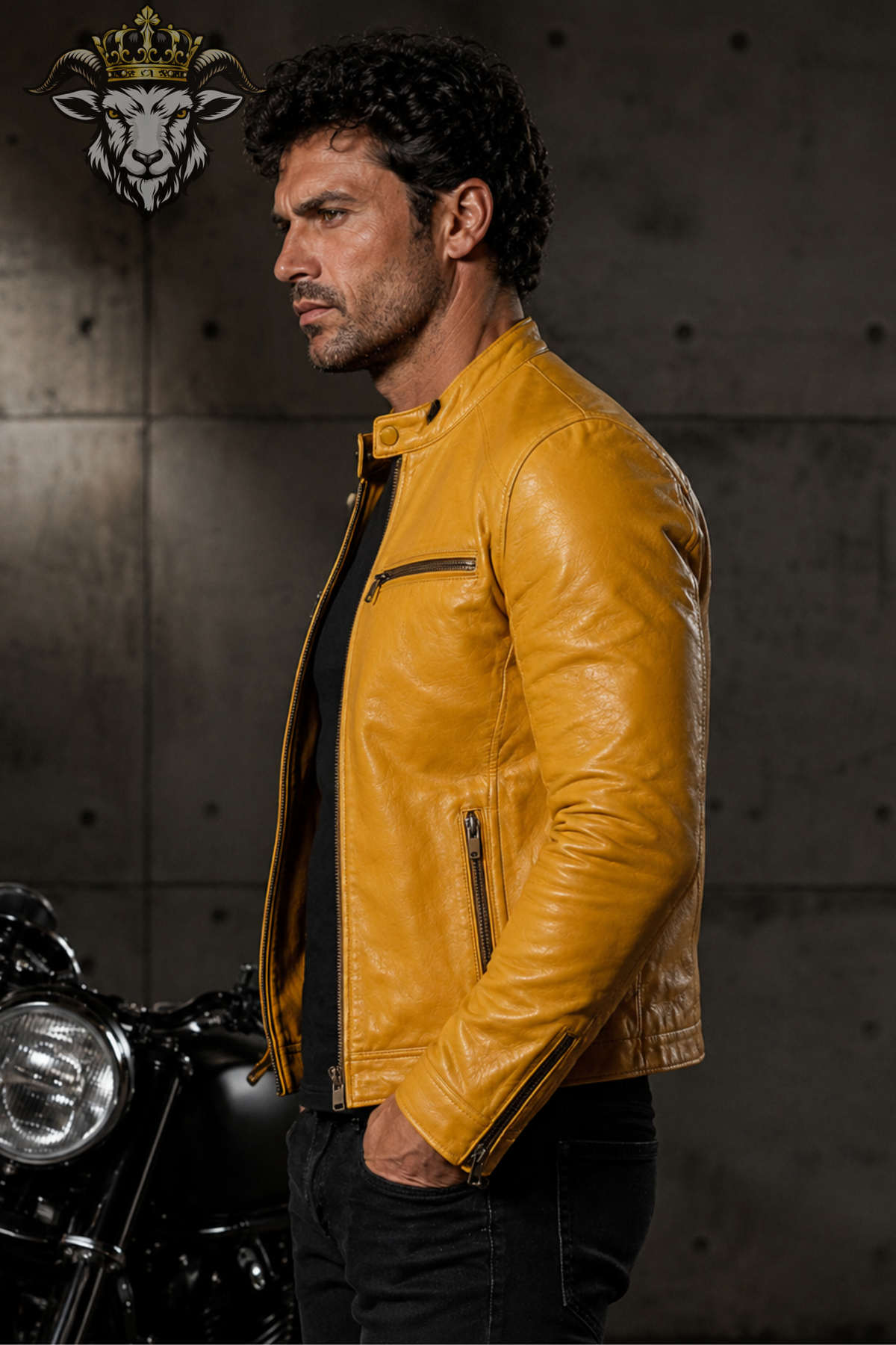 Men's Yellow Real Leather Biker Jacket – Slim Fit Motorcycle Jacket, Stand Collar Moto Jacket, Men's Yellow Leather Coat