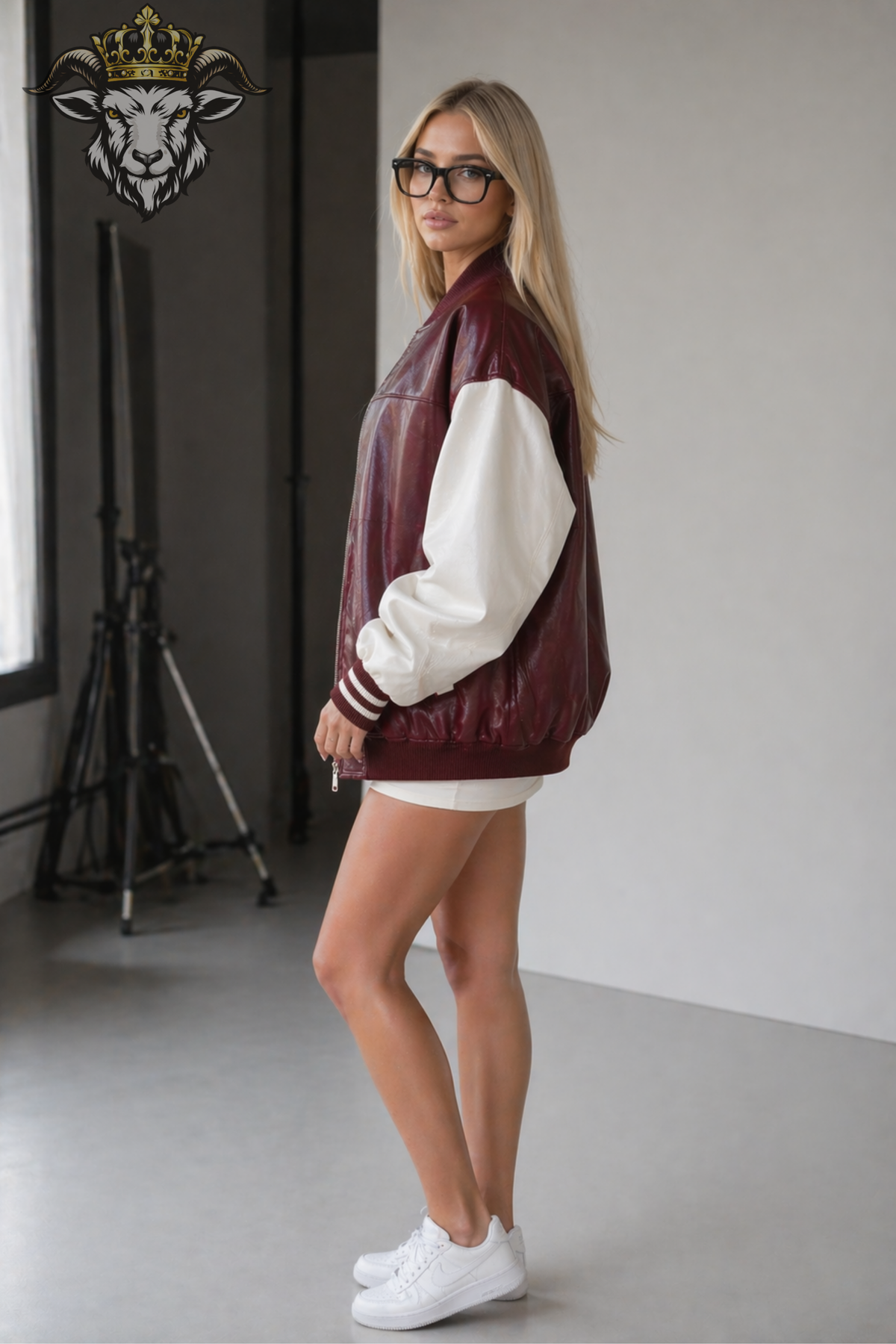 Women's Burgundy & White Leather Varsity Bomber Jacket, Oversized Two Tone Streetwear Jacket, Ribbed Zip-Up Outerwear