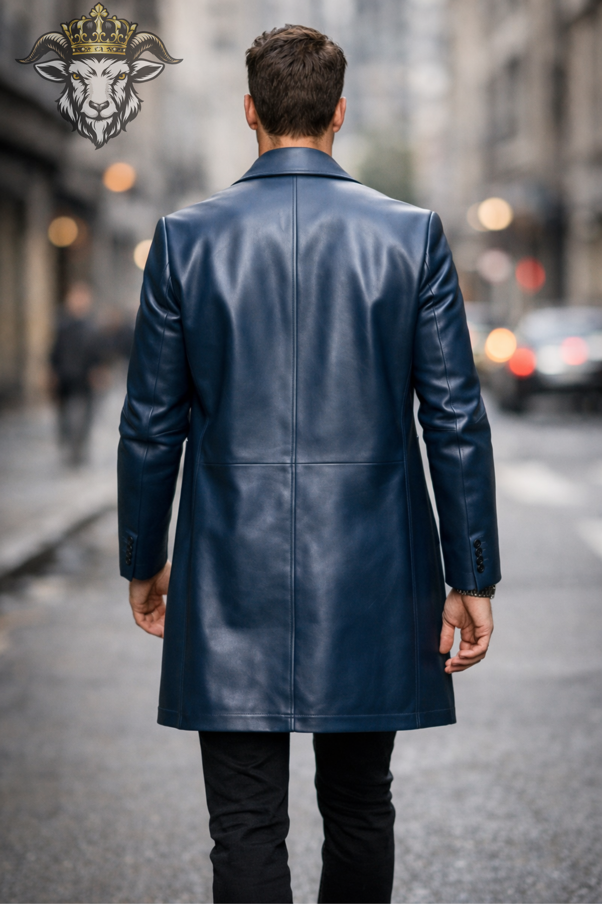 Men's Navy Blue Leather Overcoat, Long Slim Fit Coat, Classic Notch Lapel Jacket, Three Button Front, Refined Men's Outerwear