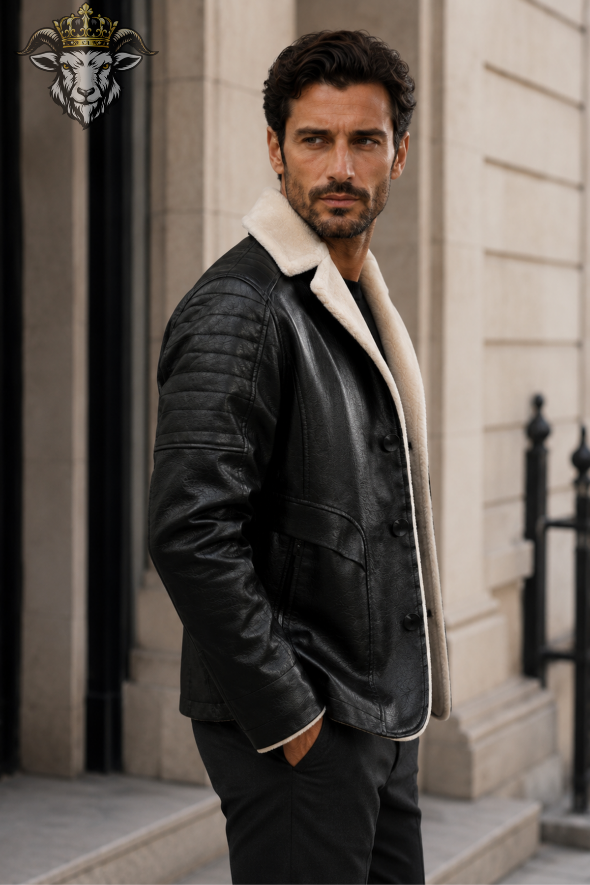 Men’s Black Leather Shearling Jacket, Warm Winter Aviator Coat, Cream Fur Collar Biker Jacket, Stylish Men’s Leather Outerwear