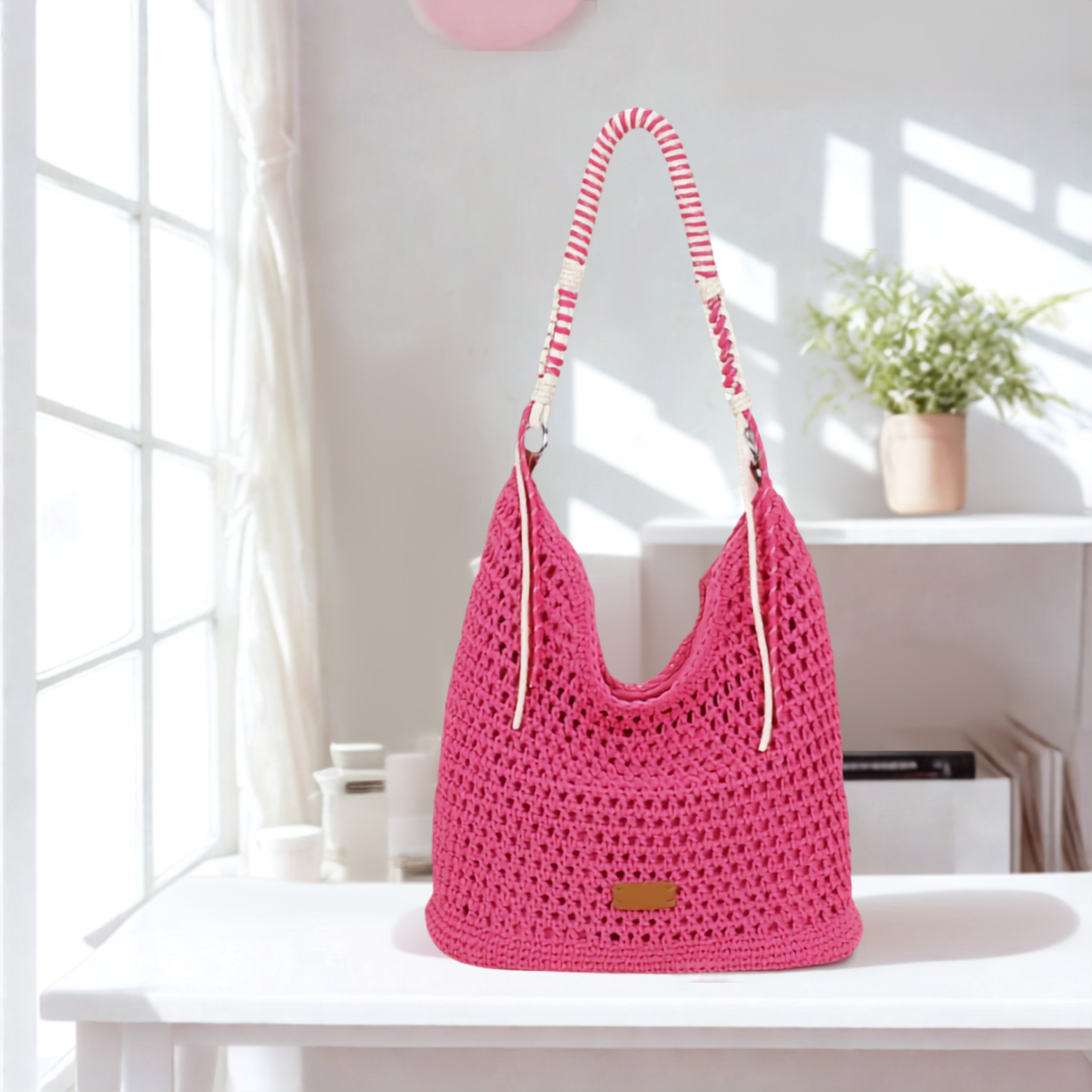 Women’s Crochet Hobo Shoulder Bag Synthetic Handmade Braided Strap Zip Handbag
