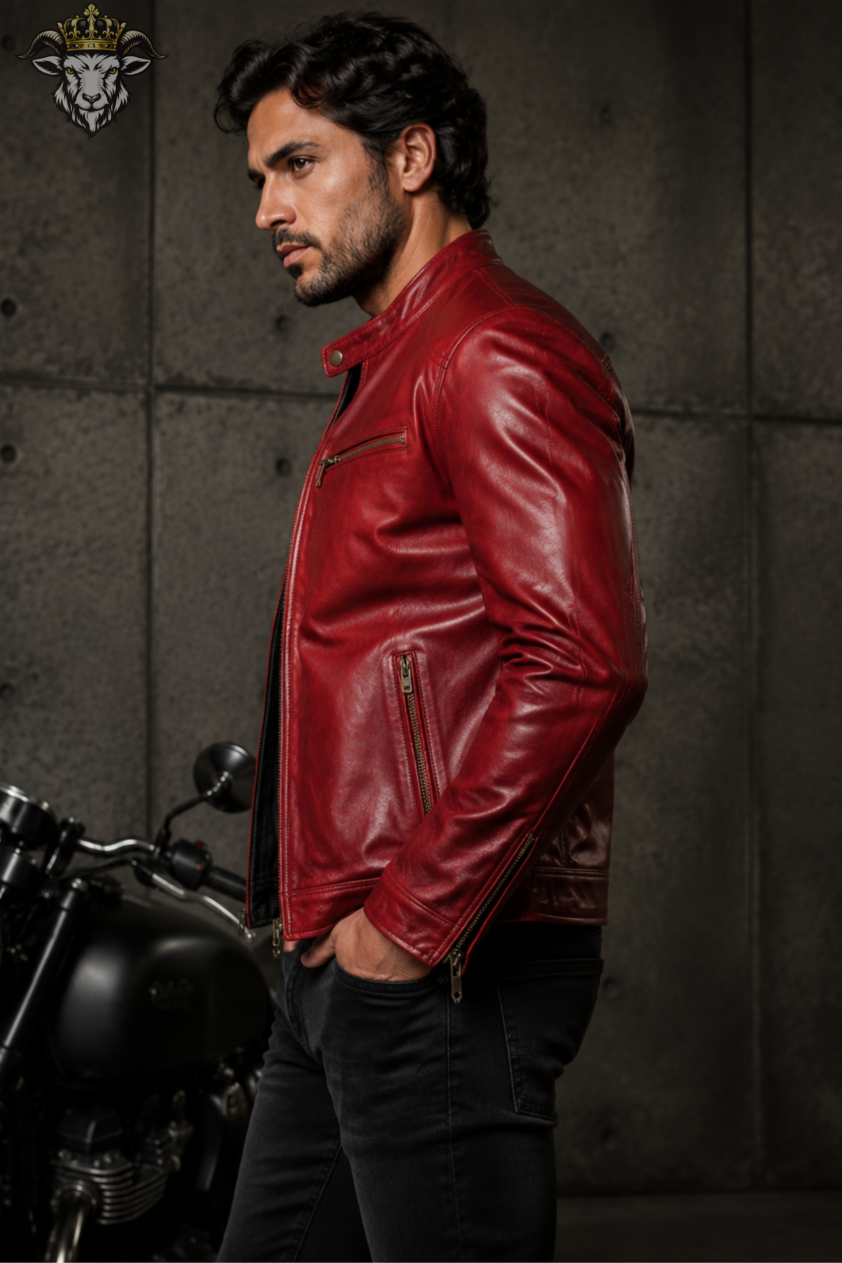 Men's Red Real Leather Biker Jacket, Slim Fit Motorcycle Jacket, Stand Collar Moto Jacket, Men's Red Leather Coat
