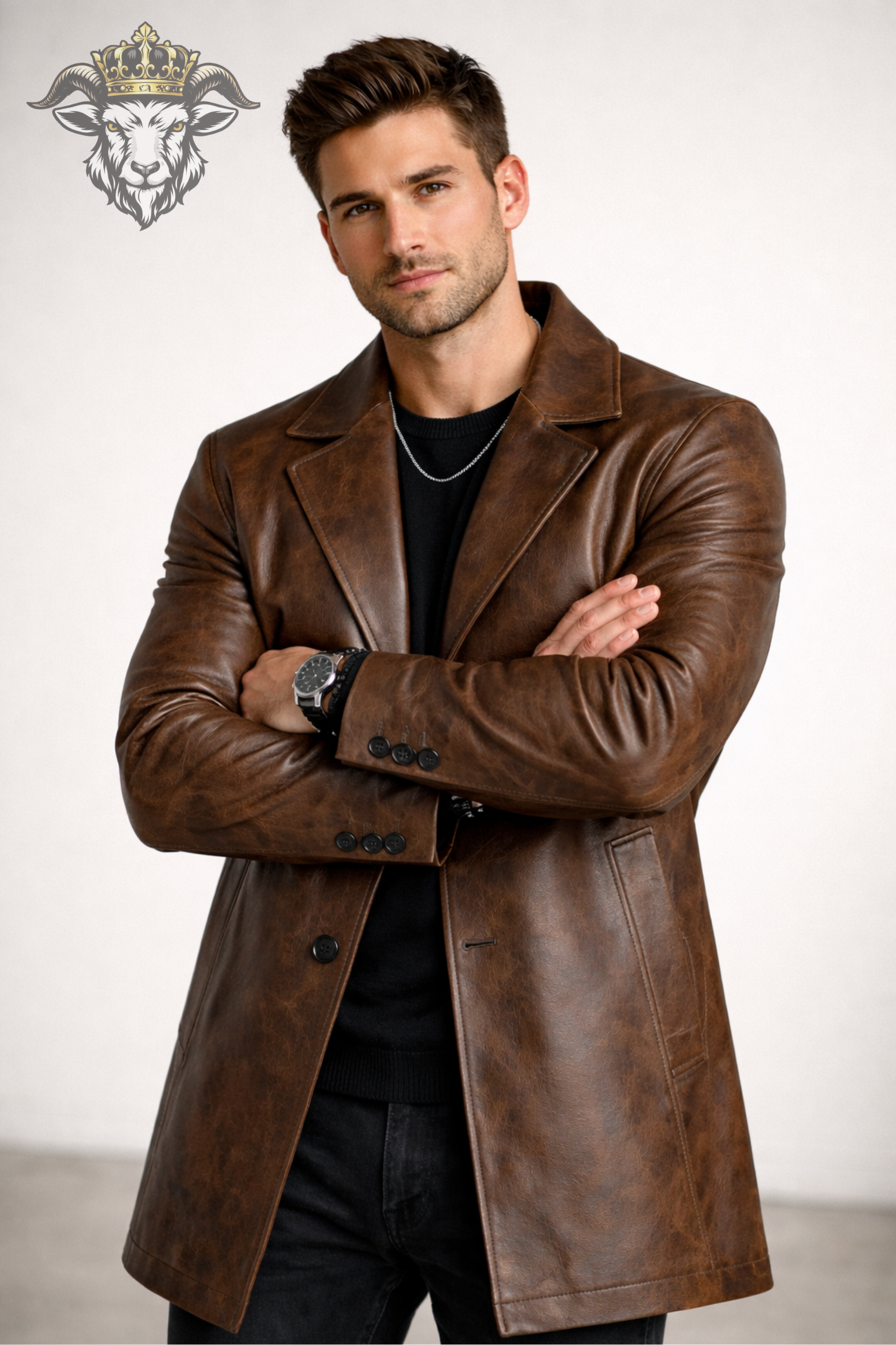 Men’s Distressed Brown Real Leather Coat – Mid-Thigh Premium Vintage Style Jacket | Classic Tailored Fit Winter Overcoat