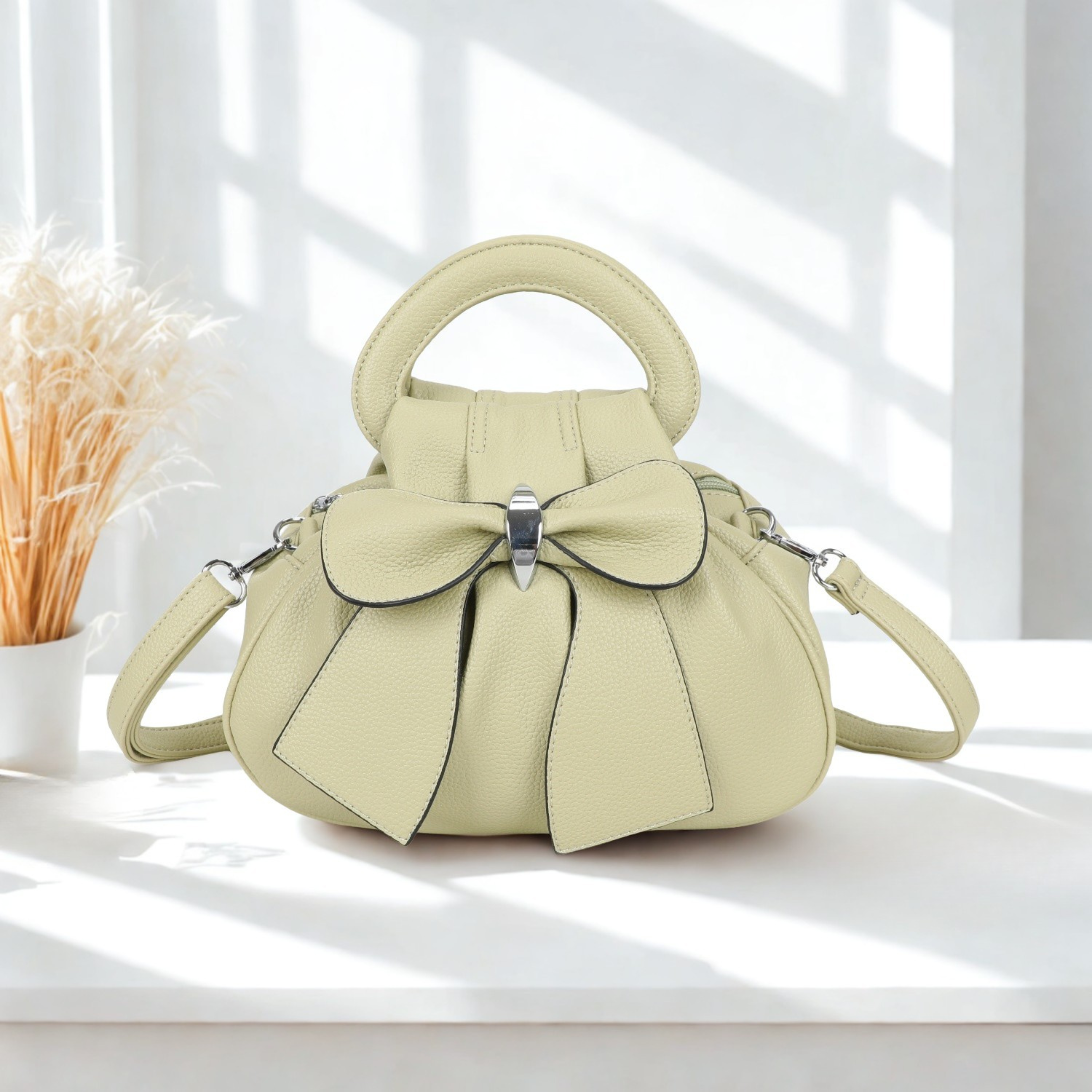Ladies Bow Grab Bag Synthetic Handbag Crossbody Shoulder Bag 3 Zip Closure