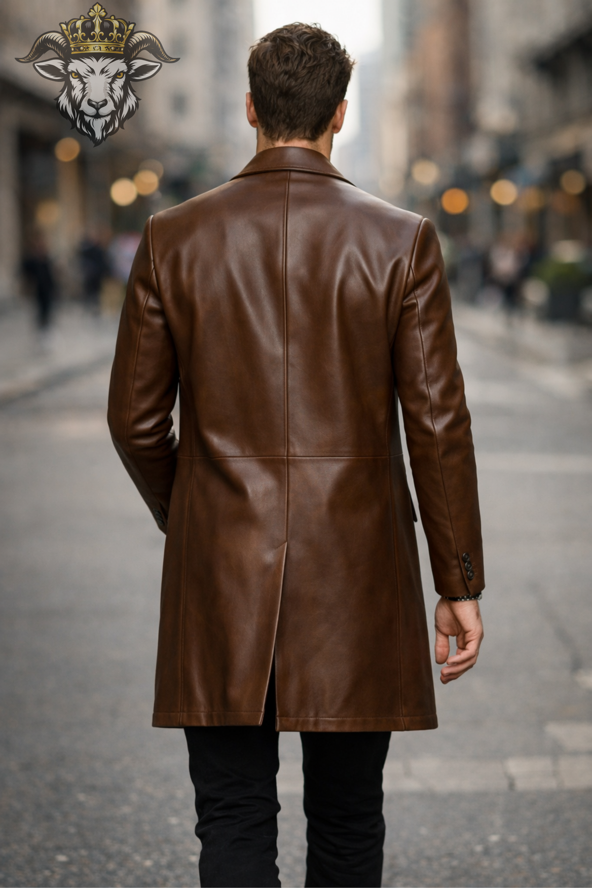 Men's Brown Leather Overcoat, Slim Fit 3 Button Coat, Mid Length Tailored Jacket, Classic Lapel Men's Outerwear