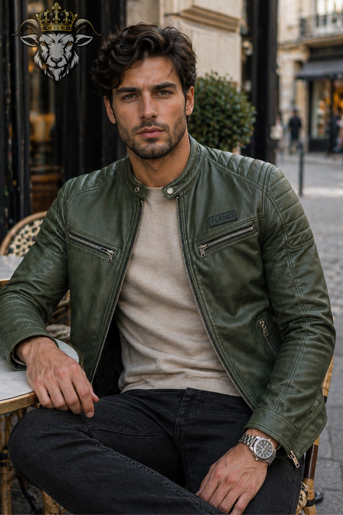 Men’s Olive Green Real Leather Biker Jacket – Slim Fit Café Racer Moto Jacket with Quilted Shoulders & Zip Pockets