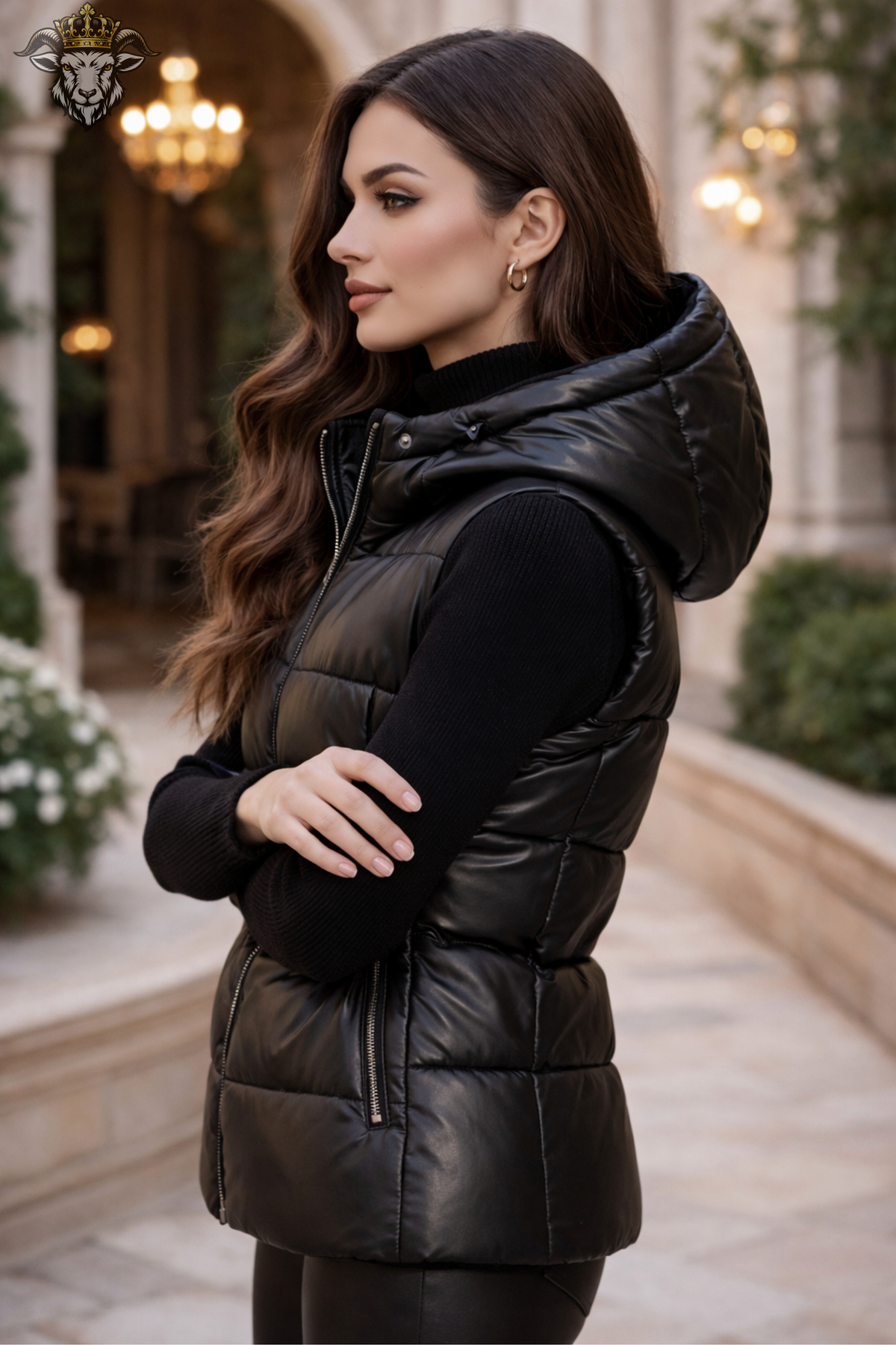 Women’s Black Leather-Look Hooded Puffer Vest, Quilted Sleeveless Winter Jacket, Longline Insulated Gilet, Stylish Casual Outerwear