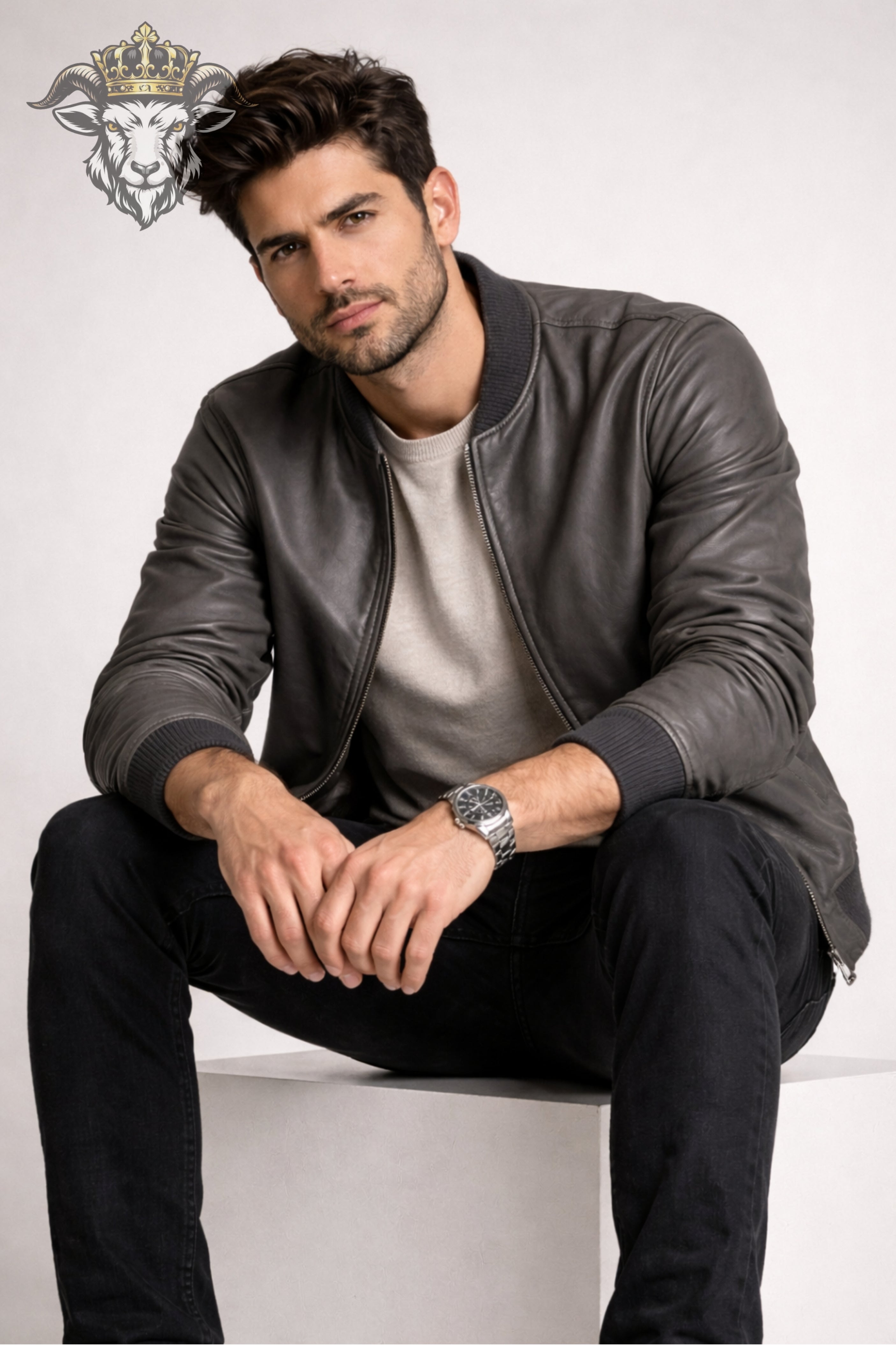Men’s Grey Real Leather Bomber Jacket