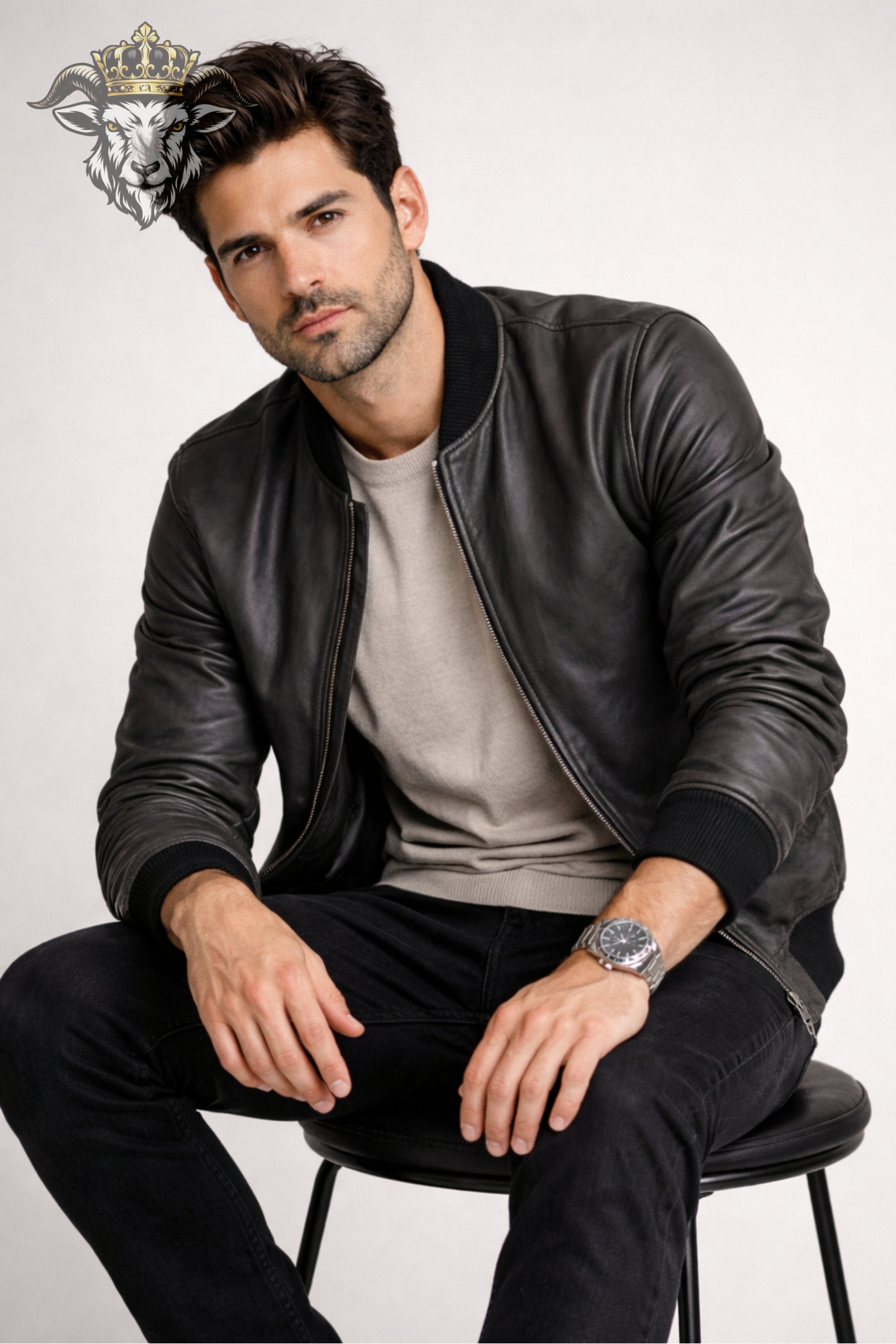 Men’s Charcoal Leather Bomber Jacket