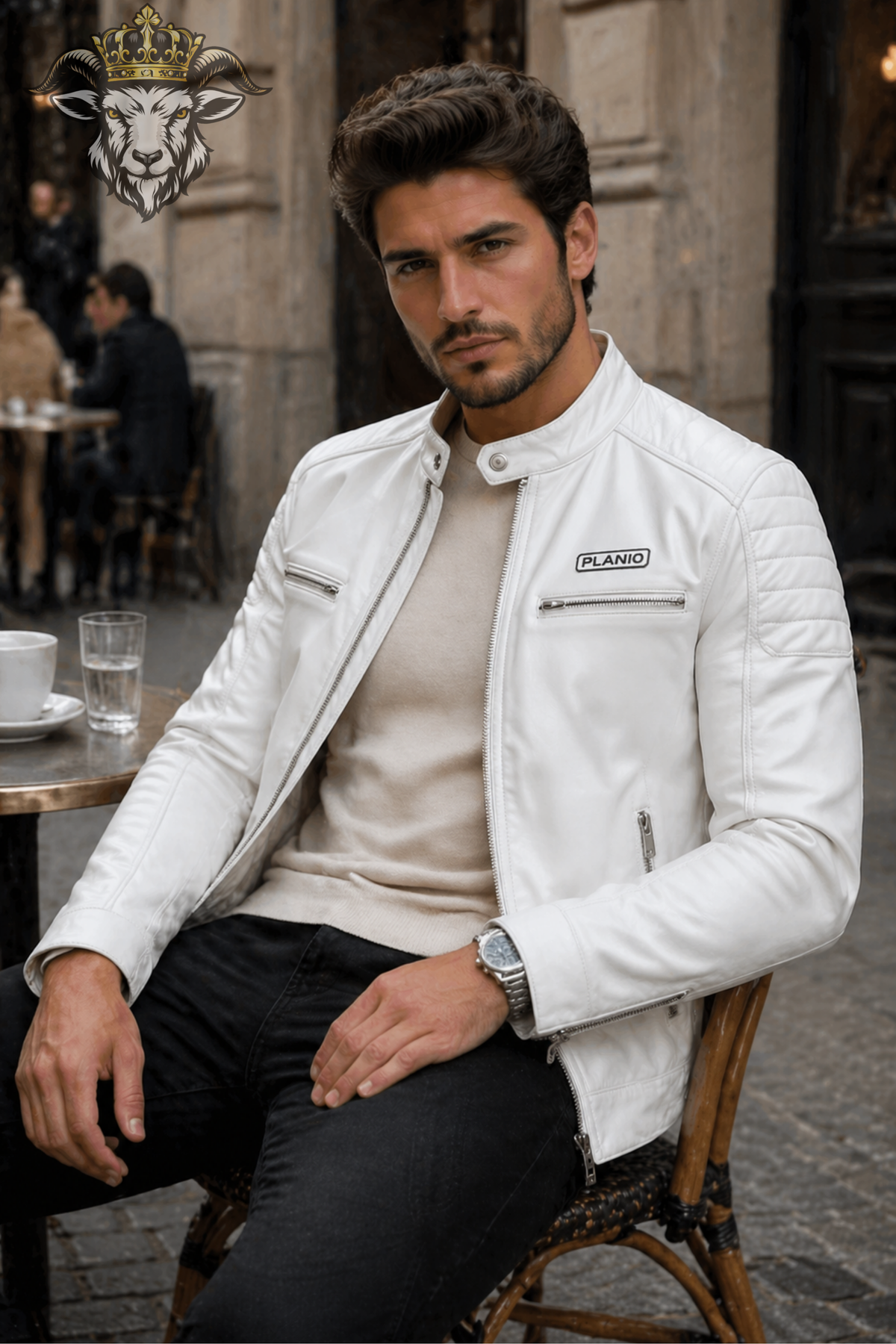 Men's White Faux Leather Biker Jacket, PLANIO Slim Fit Motorcycle Jacket, Quilted Shoulder Moto Jacket, Zipper Pocket Streetwear