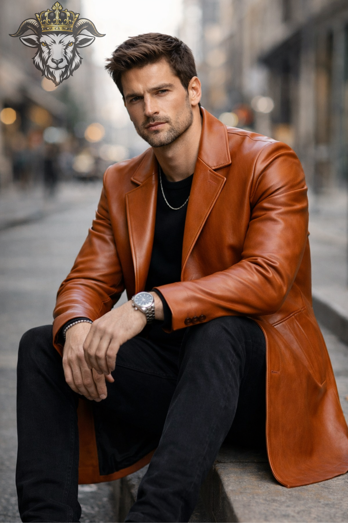 Men's Burnt Orange Leather Overcoat, Slim Fit Long Coat, Classic Notch Lapel Jacket, Three Button Front, Luxury Style Outerwear