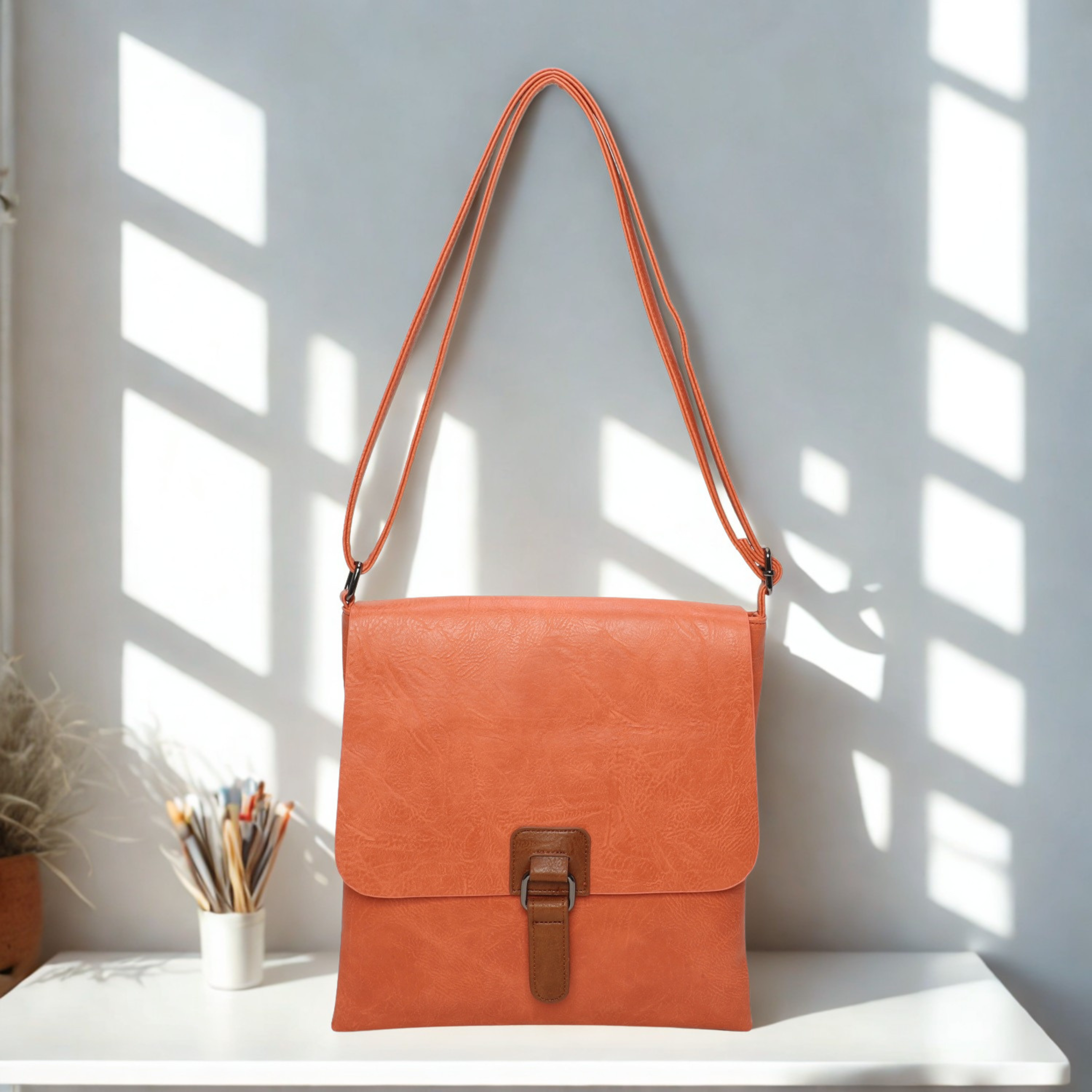 Women’s Slim Crossbody Shoulder Bag – Flap Over Synthetic Leather Handbag with Adjustable Strap, Back Zip Pocket & Dark Silver Hardware