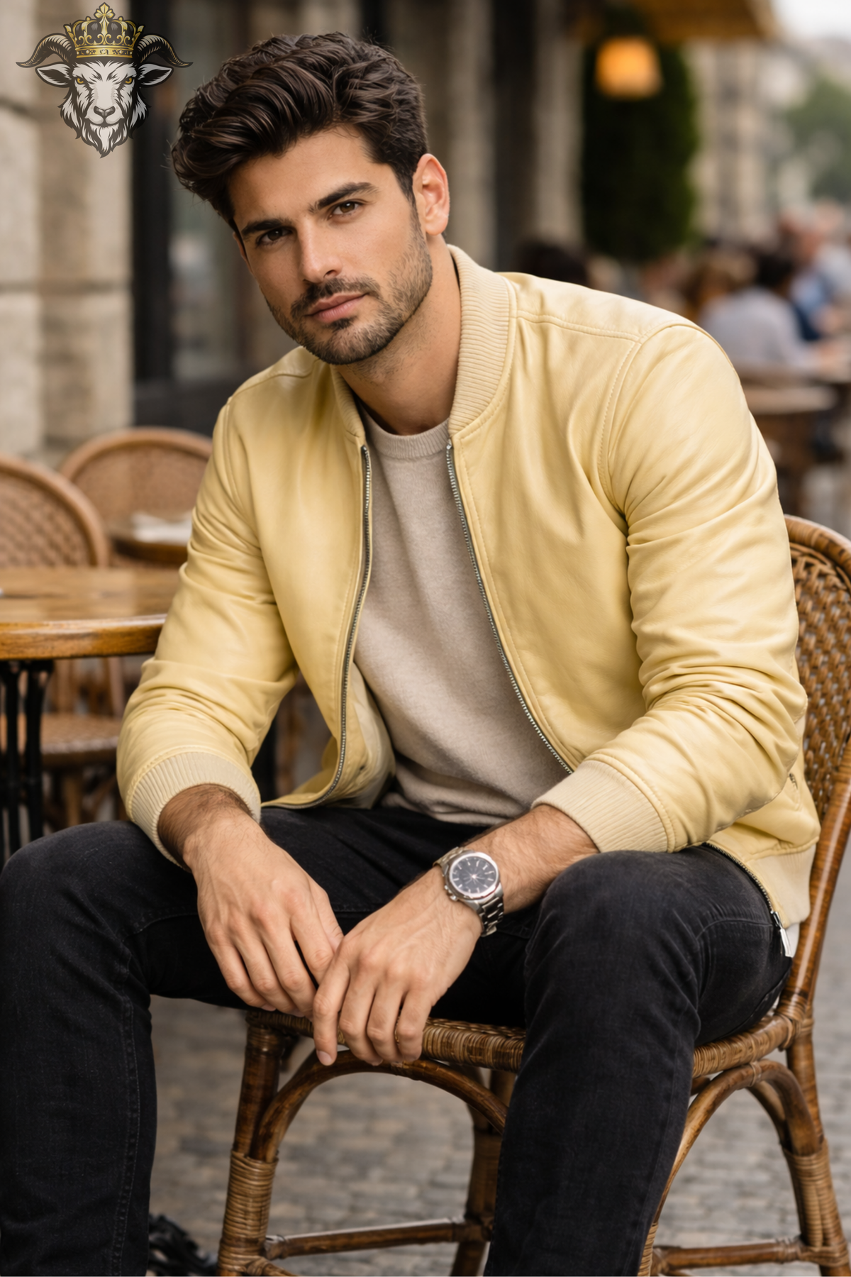 Men's Butter Yellow Bomber Jacket, Light Yellow Zip Up Jacket, Ribbed Collar Flight Style Outerwear, Modern Casual Men's Jacket