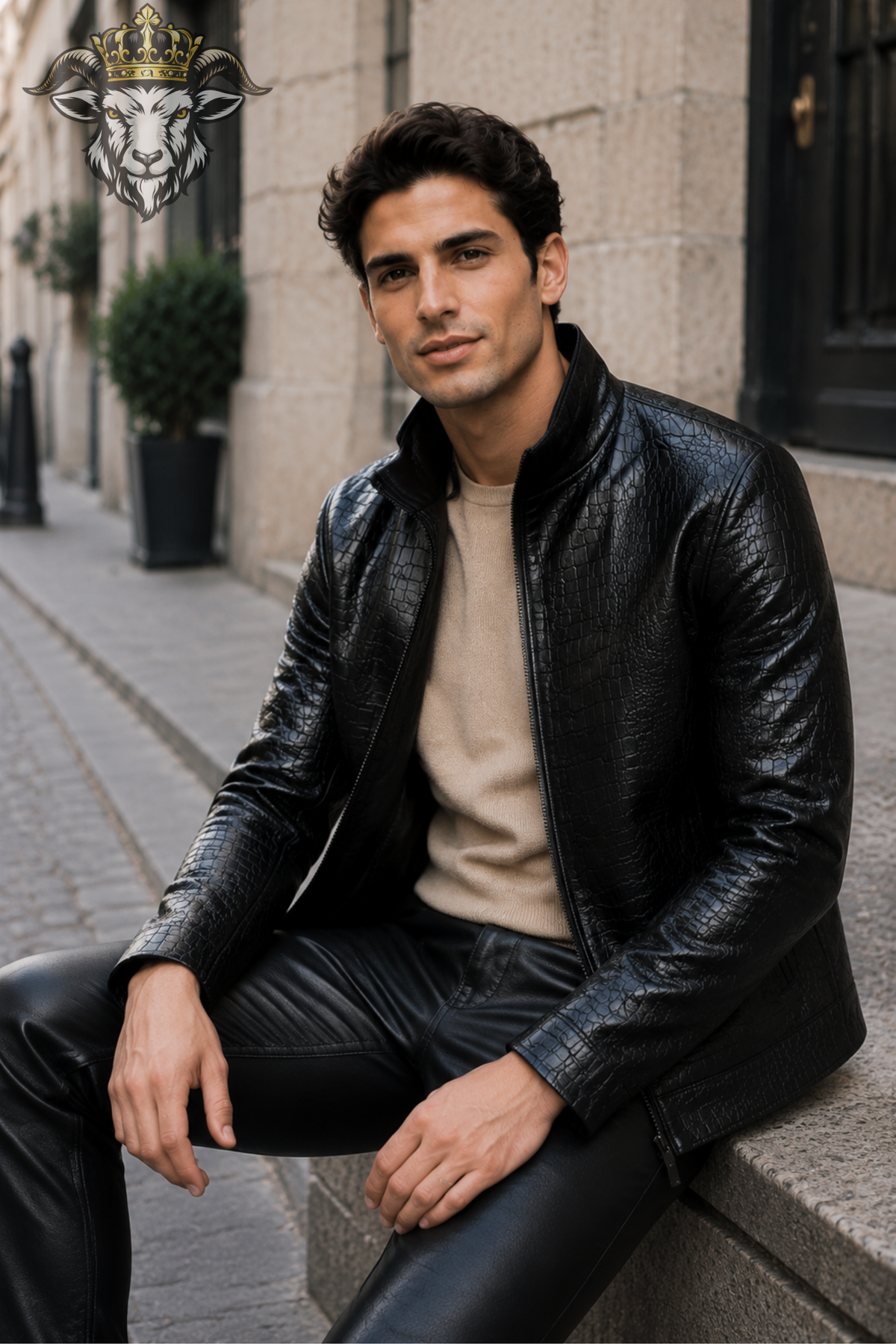 Men’s Black Crocodile Embossed Leather Jacket – Premium Textured Zip-Up Stand Collar Jacket
