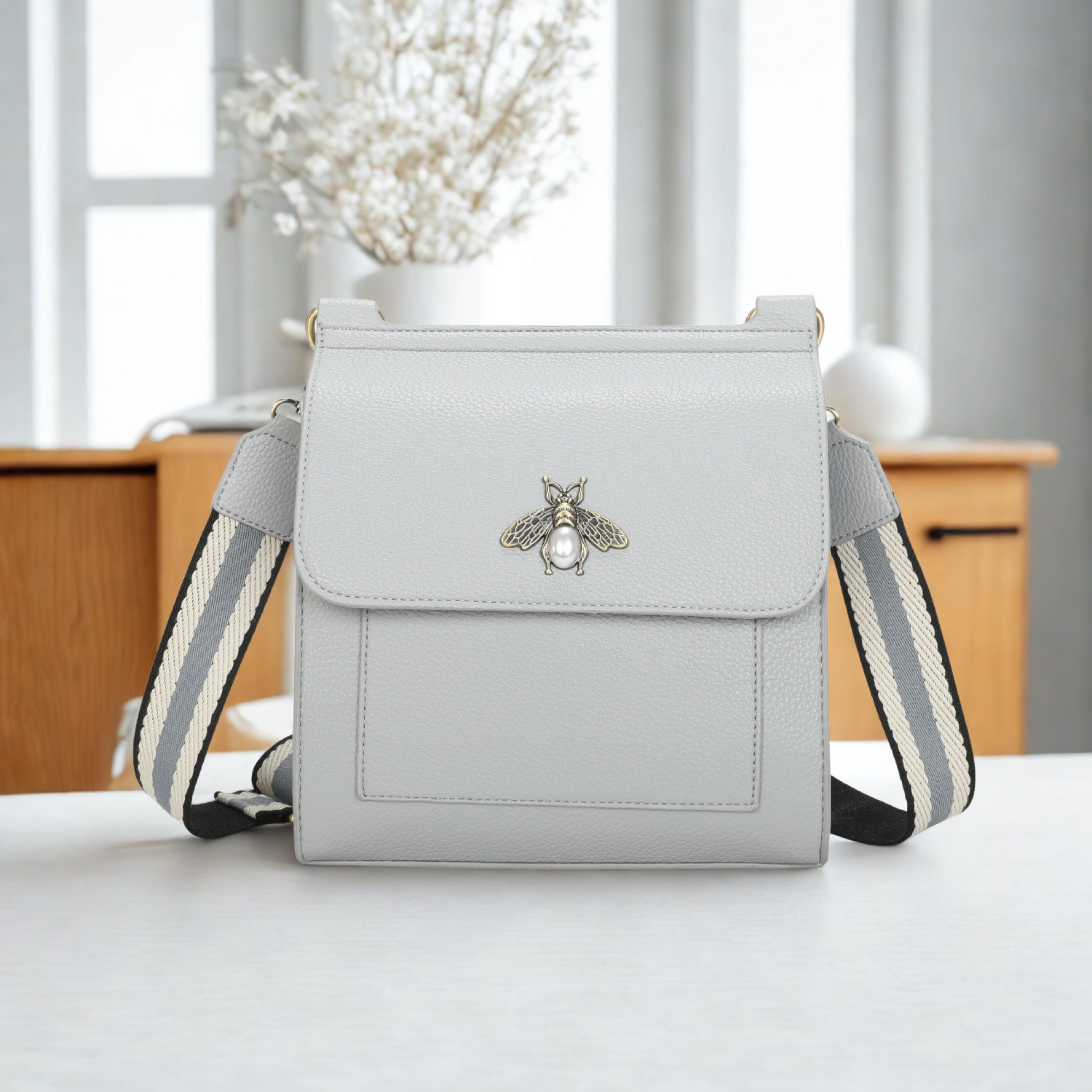 Women’s Bee Crossbody Bag with Pearl Detail, Flap Magdot Closure & Detachable Strap