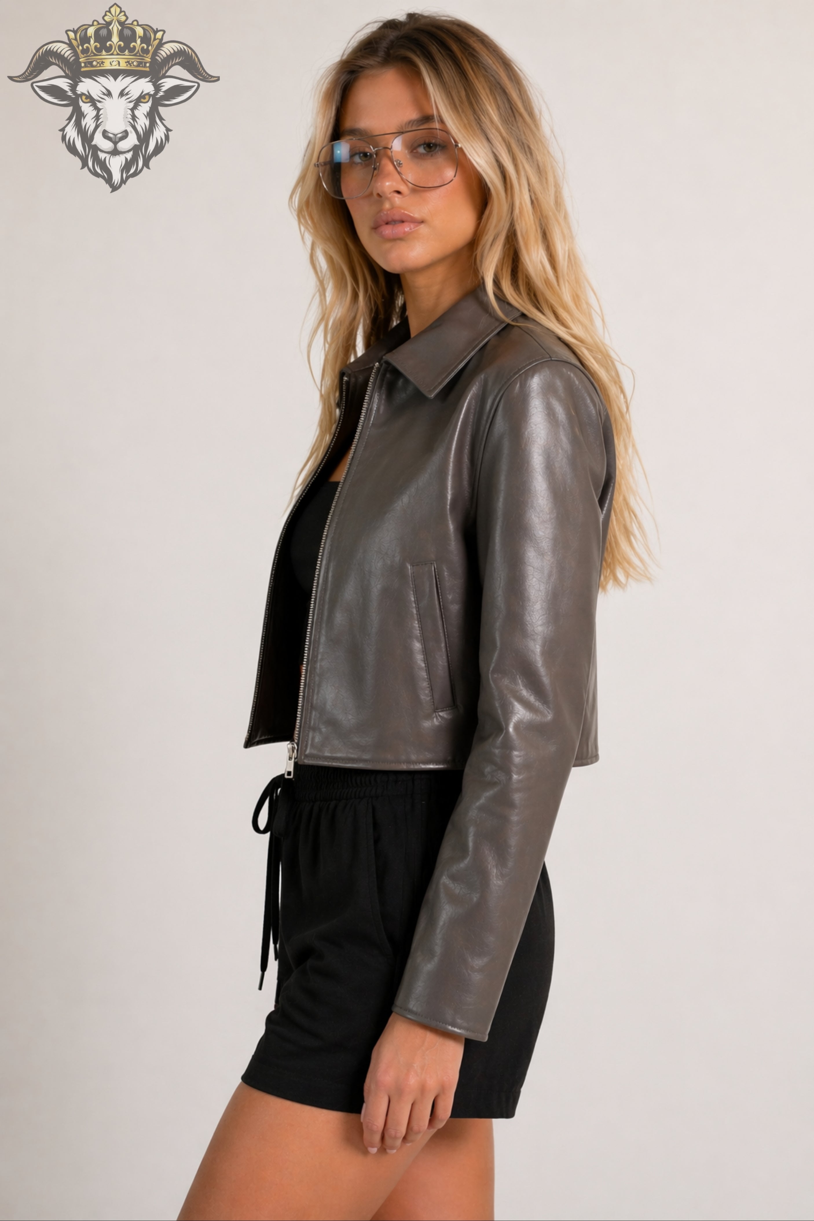 Women’s Grey Real Leather Cropped Jacket