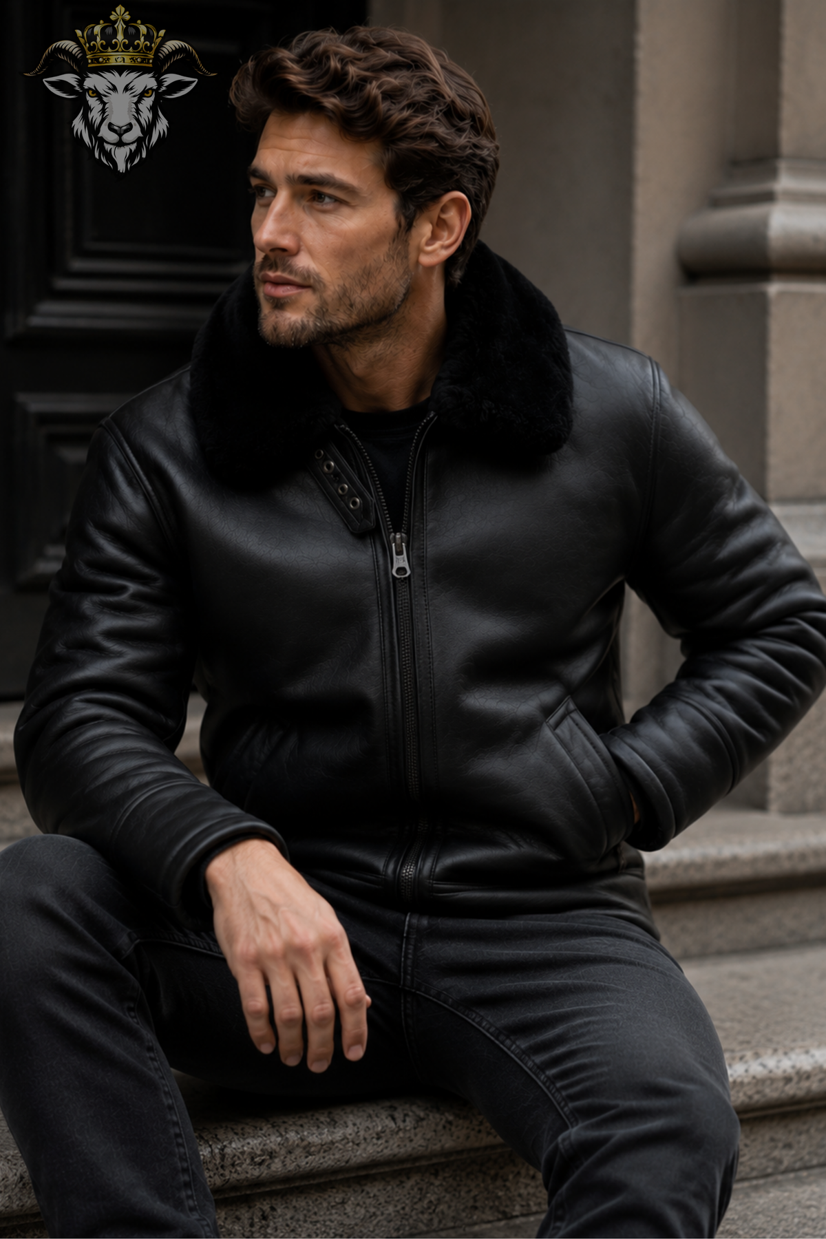 Men's Black Shearling Leather Jacket, Genuine Leather Bomber Jacket, Faux Fur Collar Aviator Jacket, Winter Motorcycle Coat