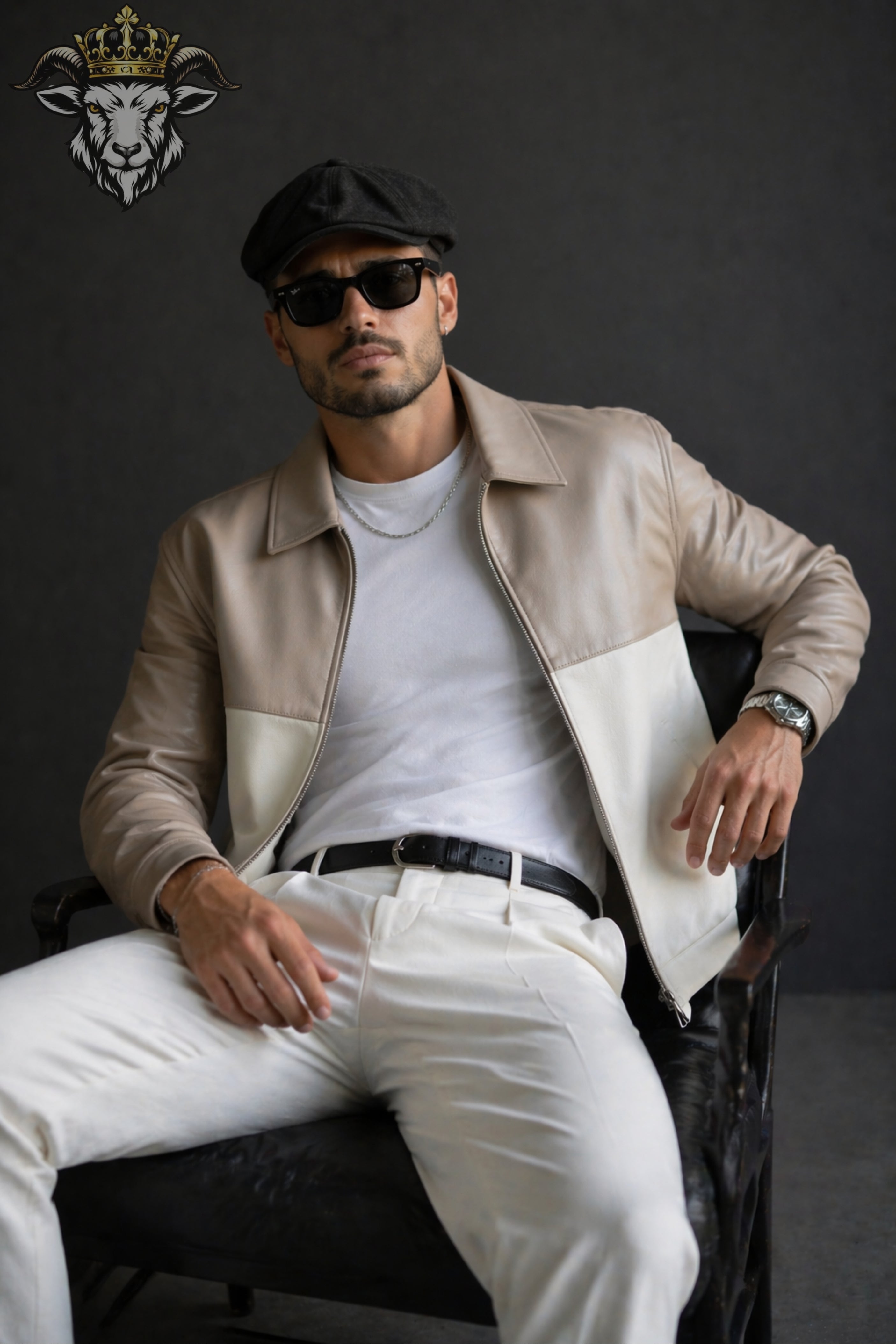 Men’s Two-Tone(Beige/Cream) Oversize Real Leather Bomber Jacket