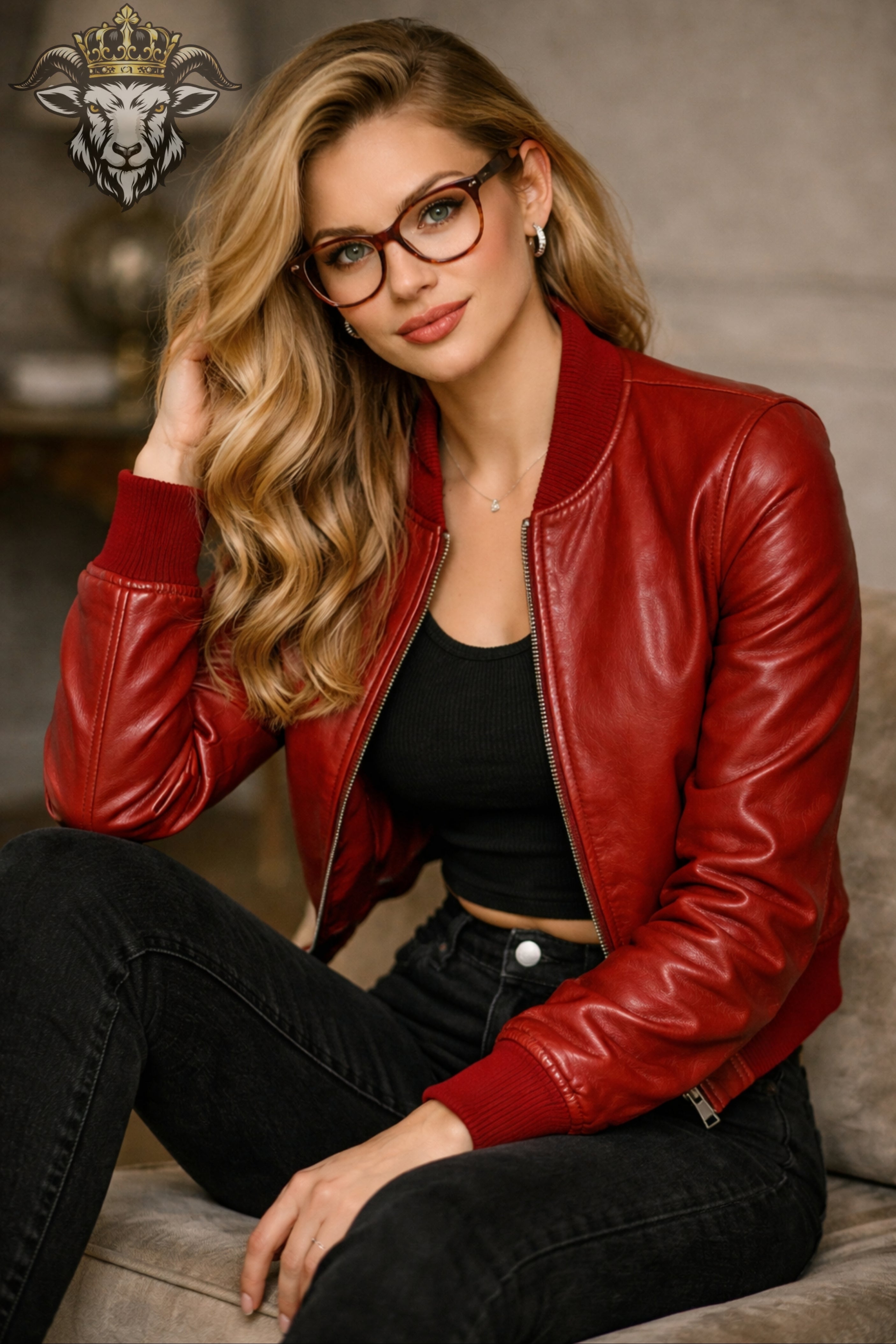 Women’s Red Leather Bomber Jacket