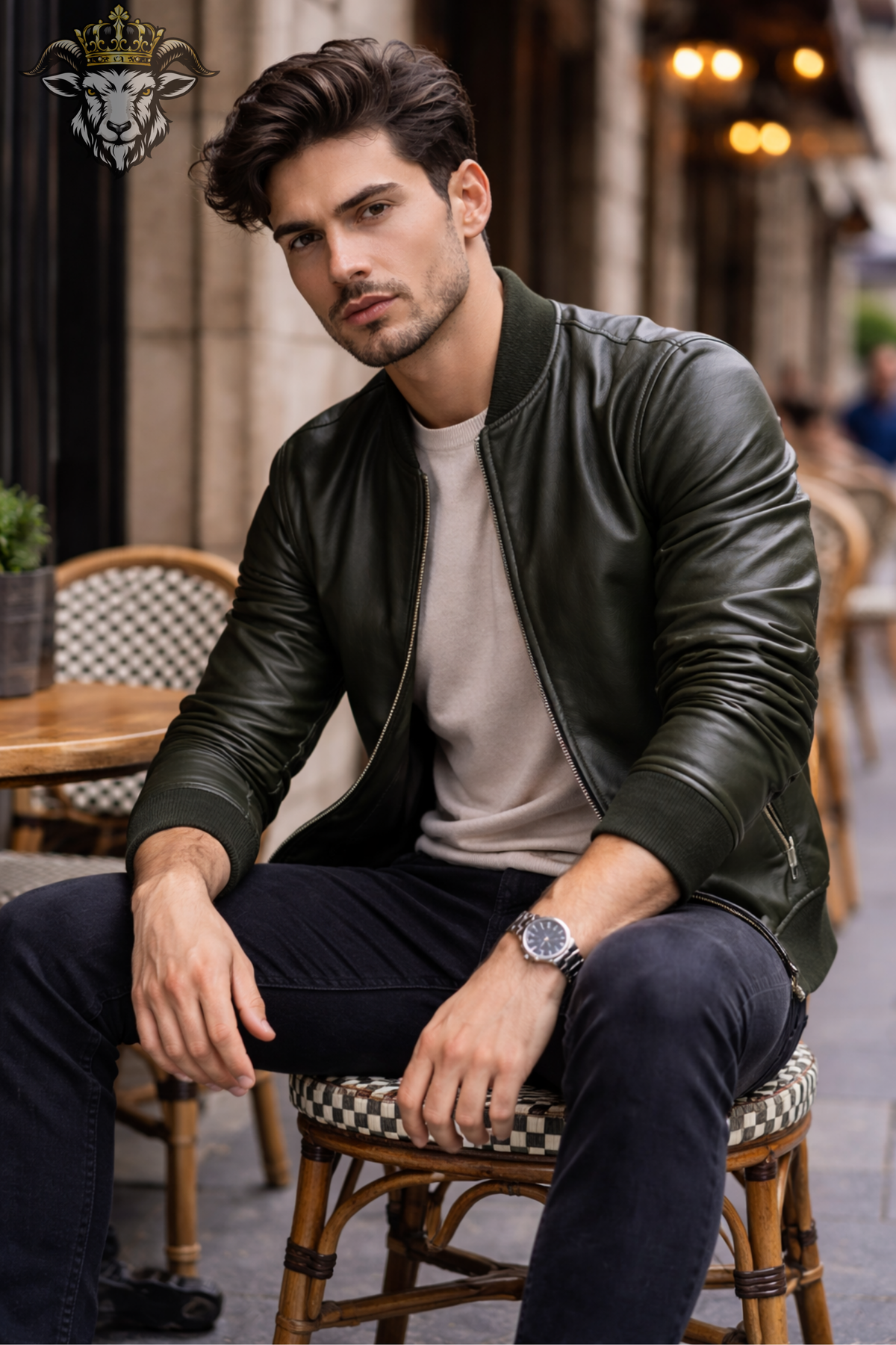 Men's Green Leather Bomber Jacket, Slim Fit Moto Jacket, Ribbed Collar Streetwear Jacket, Casual Zip-Up Leather Outerwear