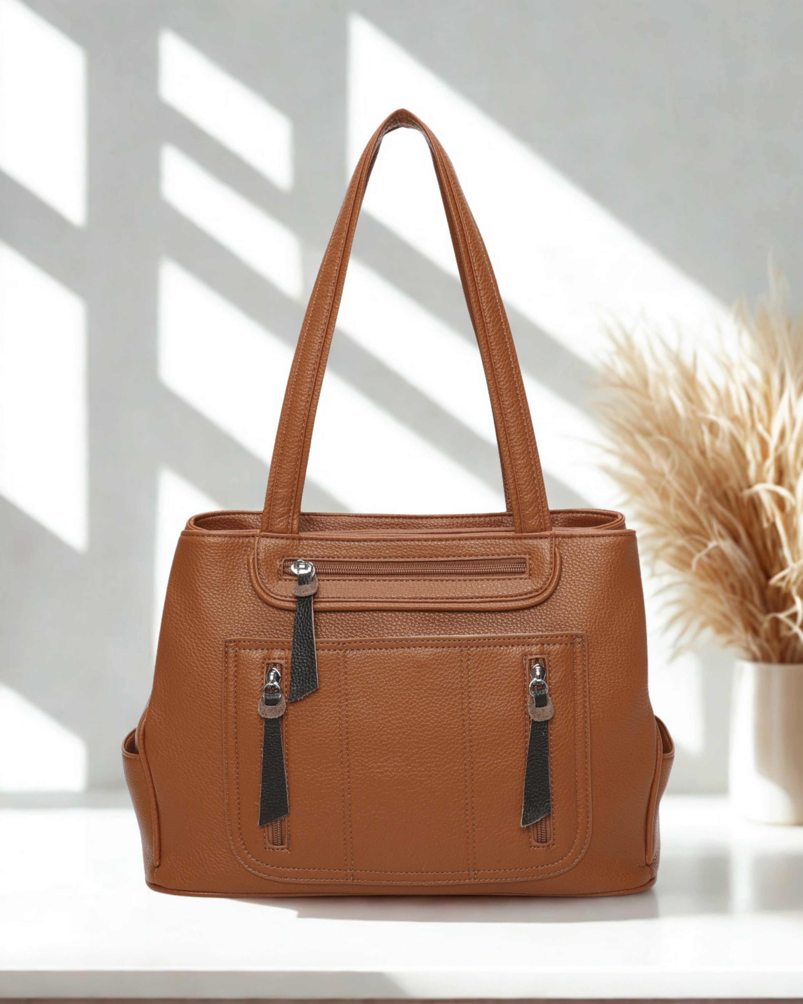 Women’s Multi Pocket Tote Shoulder Bag – Top Zip Closure, Double Compartment Handbag