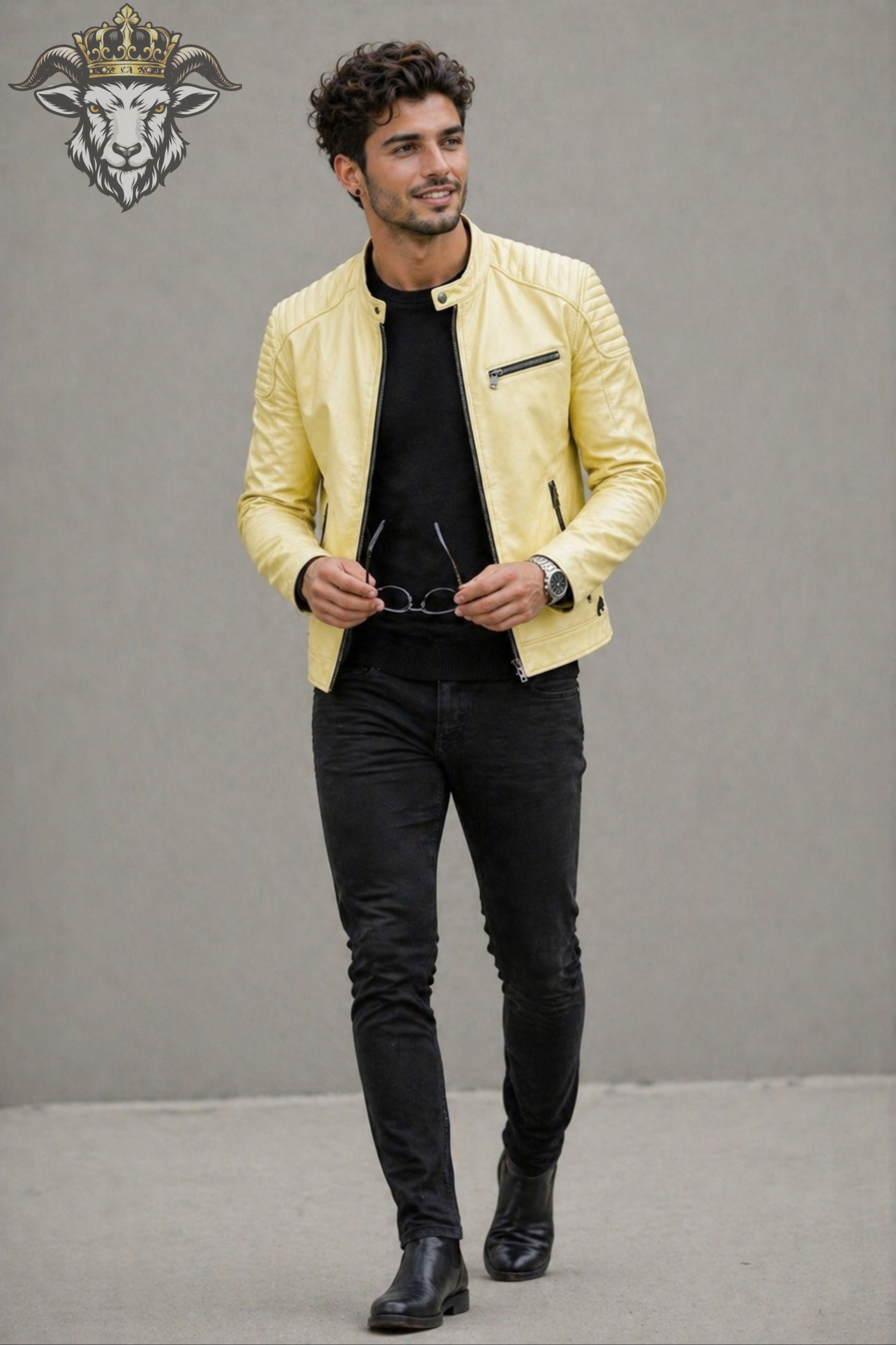 Men’s Pale Yellow Real Leather Roadster Jacket