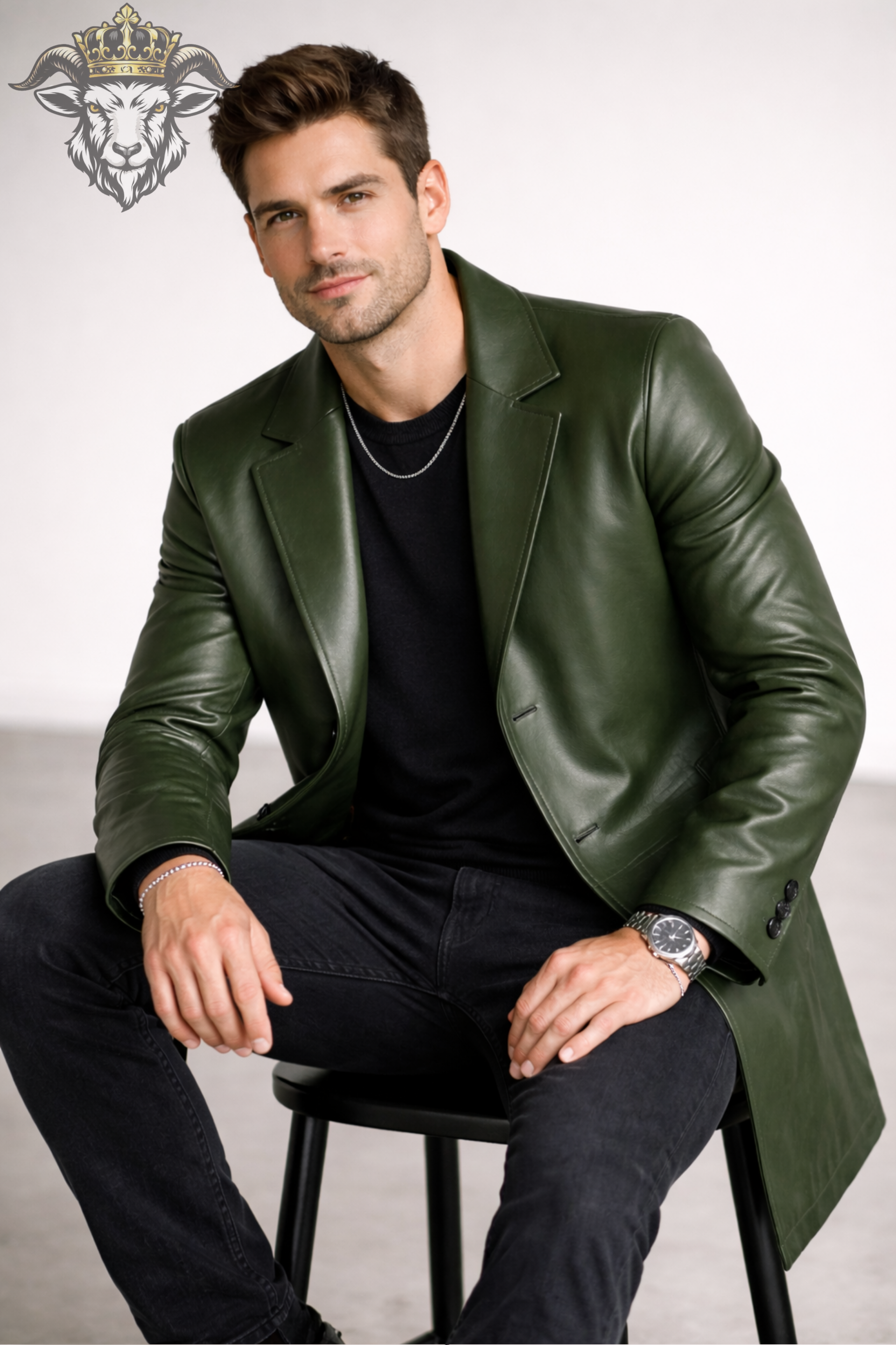 Men’s Green Real Leather Coat – Mid-Thigh Premium Matte Finish Overcoat | Slim Fit Modern Leather Jacket for Men