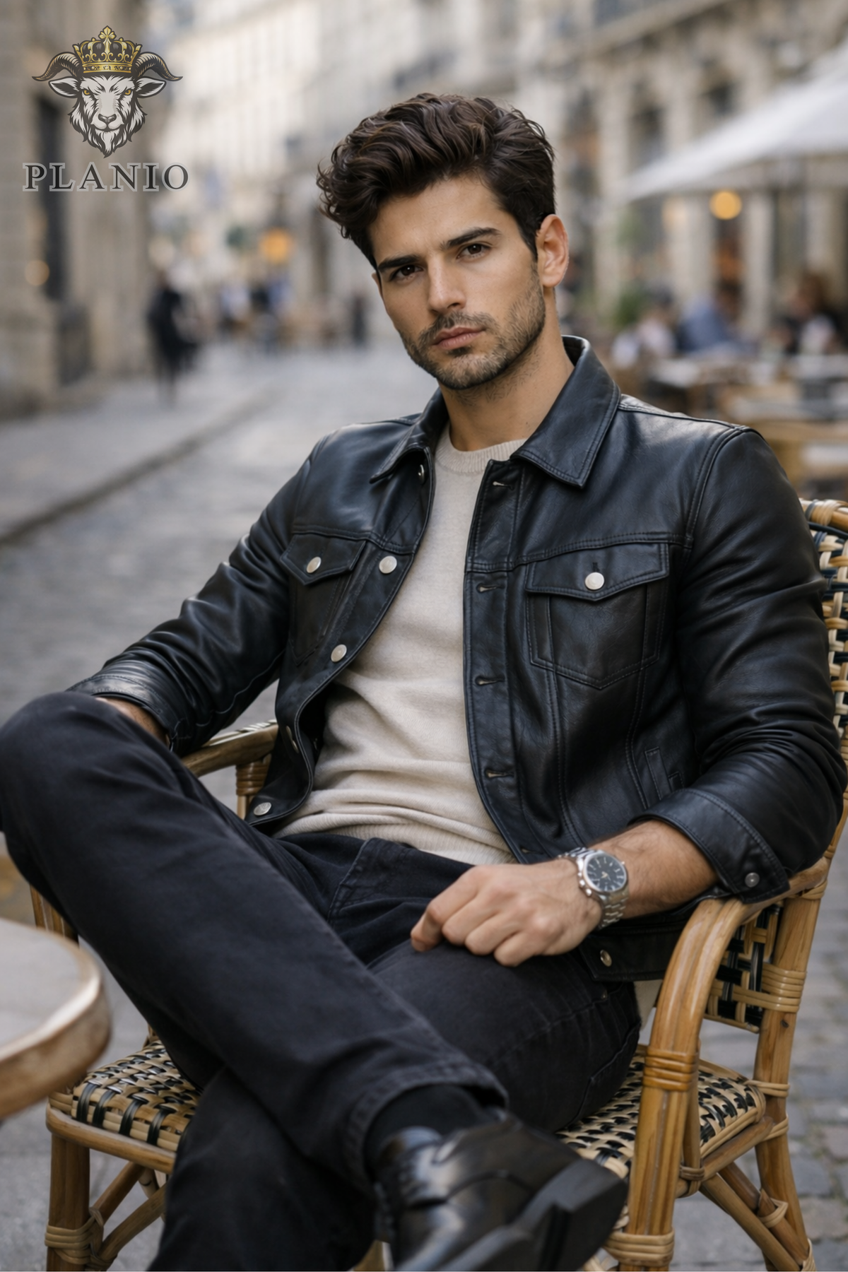 Men’s Black Leather Trucker Jacket – Classic Button Front Slim Fit Biker Style Coat