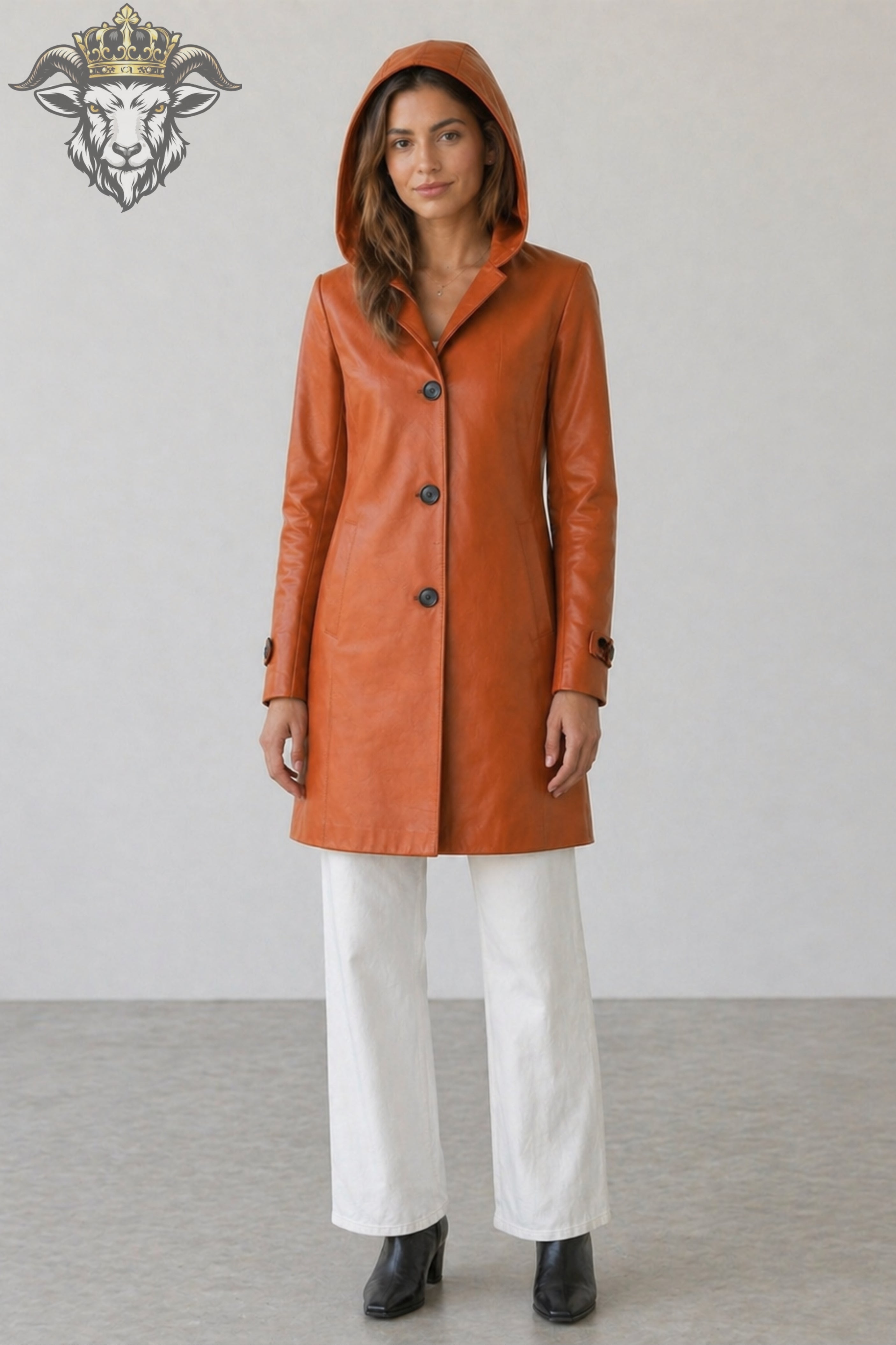 Women’s Burnt Orange Real Leather Hooded Coat