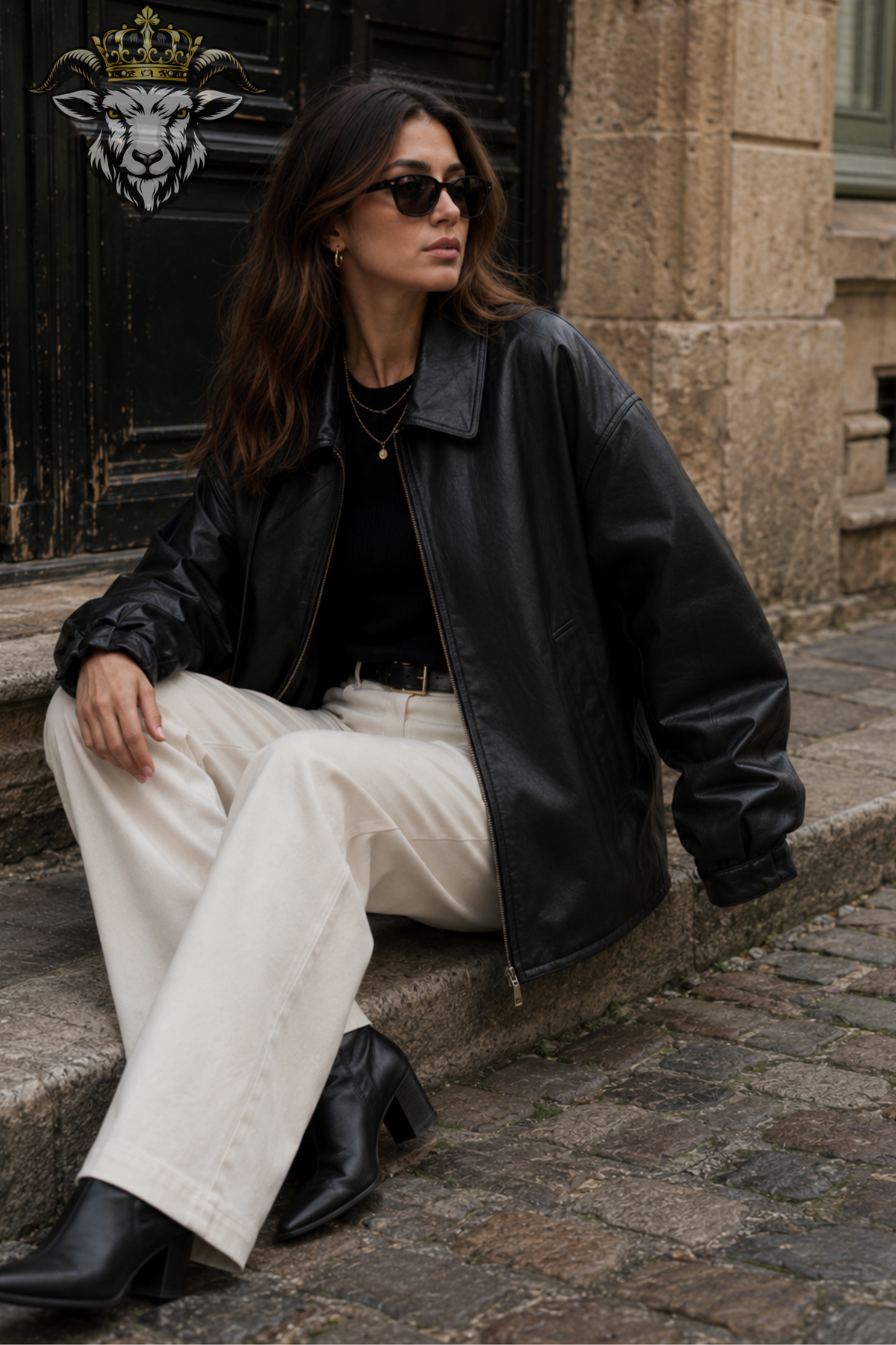 Women’s Black Genuine Leather Bomber Jacket, Oversized Loose Fit Leather Coat, Structured Collar Zip Jacket, Luxury Streetwear Outerwear