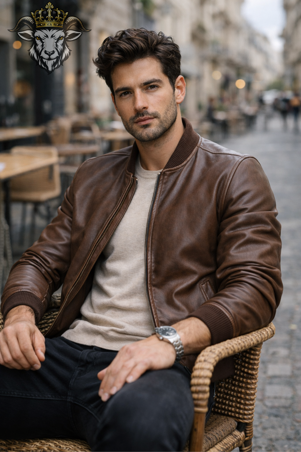 Men's Brown Leather Bomber Jacket, Real Leather Slim Fit Jacket, Vintage Inspired Zip Outerwear, Ribbed Collar Casual Streetwear Coat