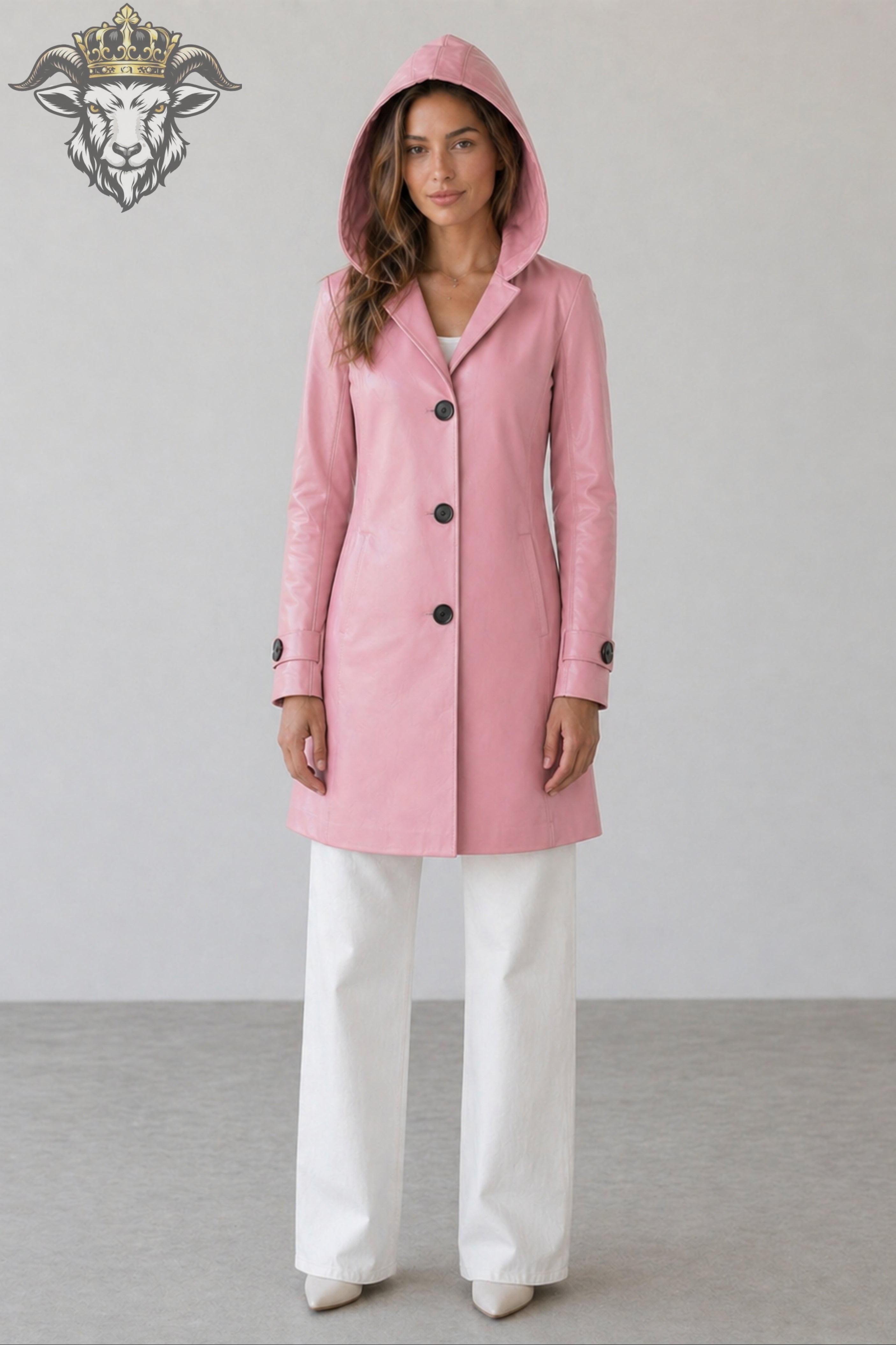 Women’s Pink Real Leather Hooded Coat
