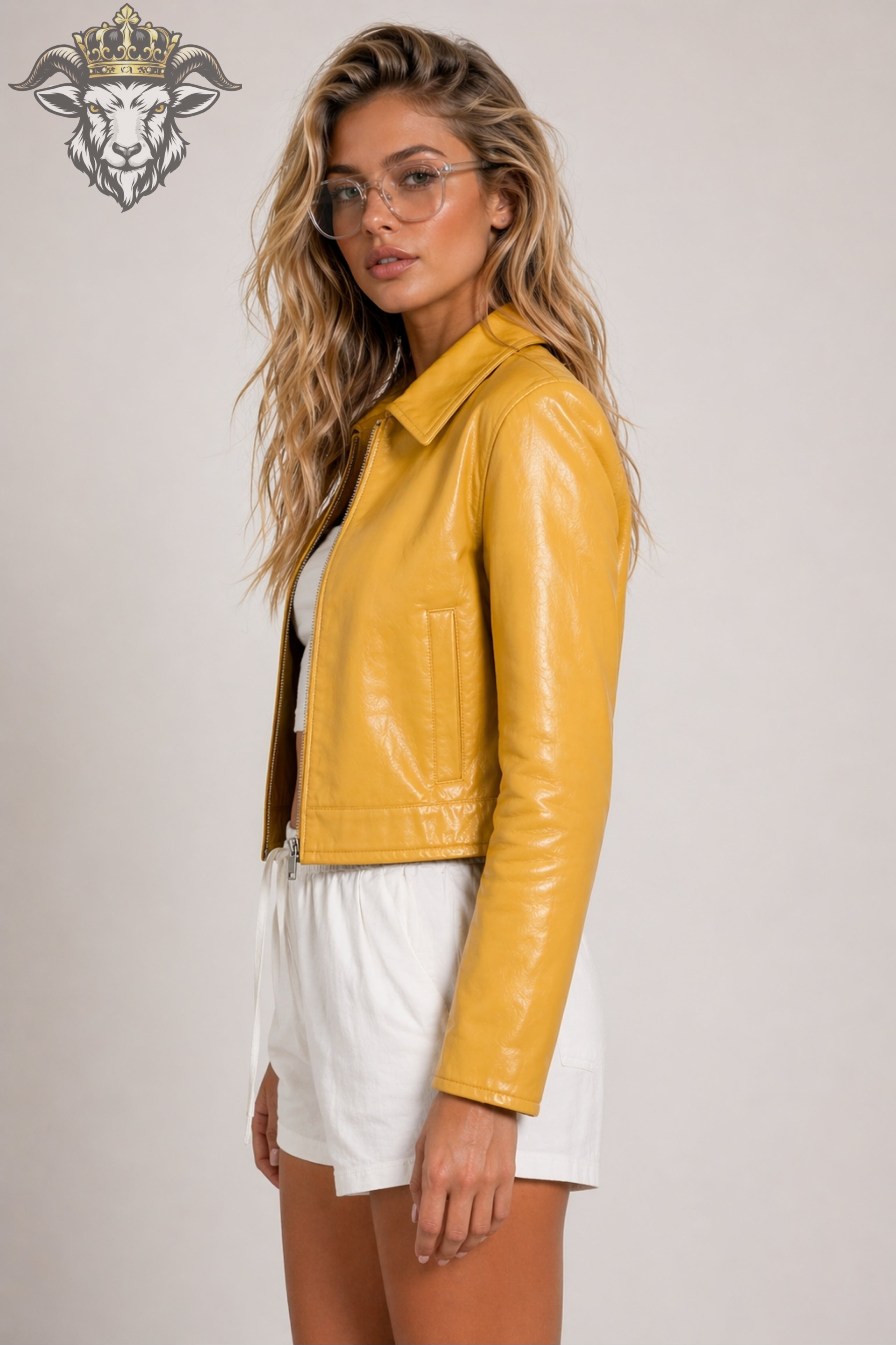 Women’s Yellow Real Leather Cropped Jacket