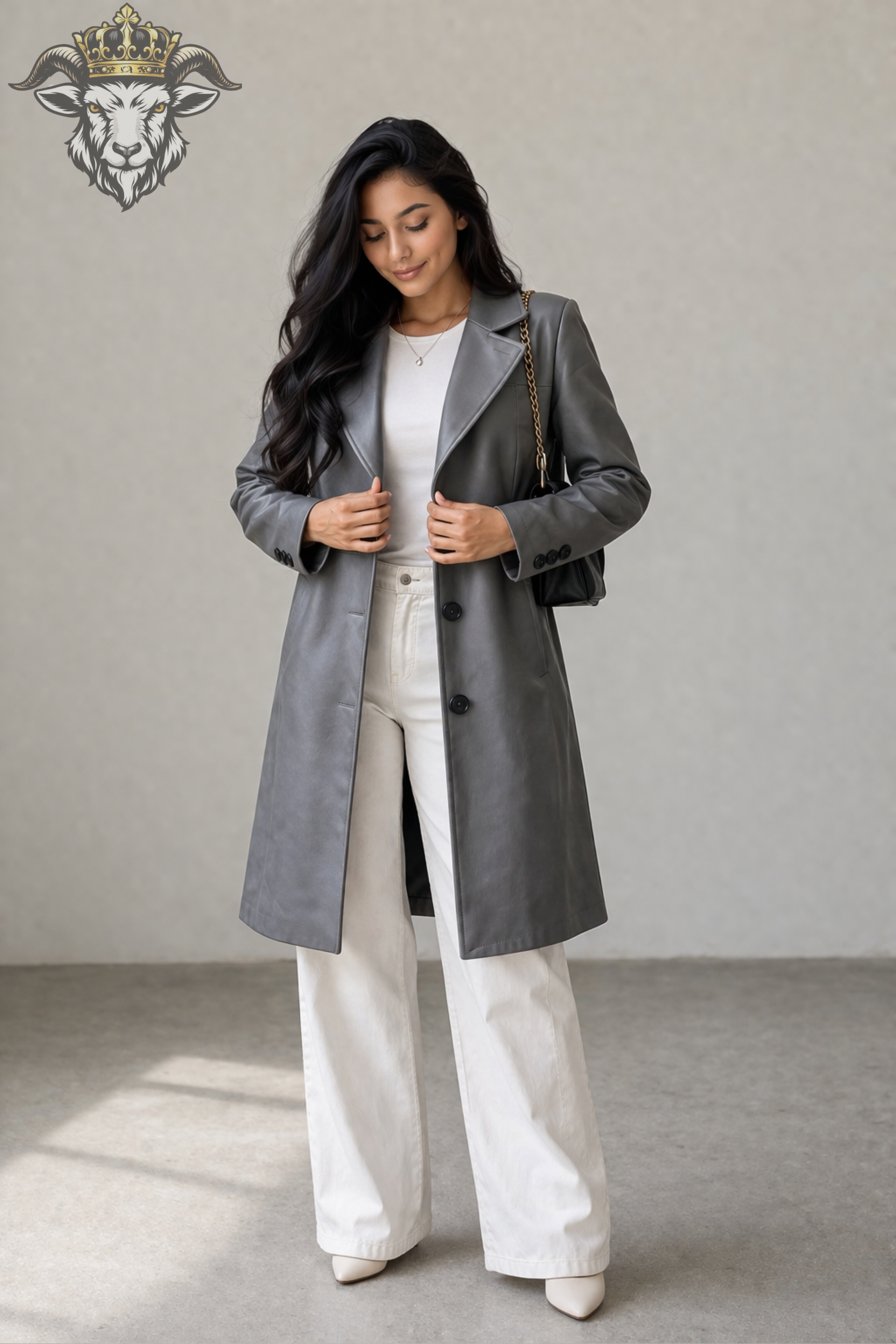 Women’s Grey Real Leather Knee-Length Coat