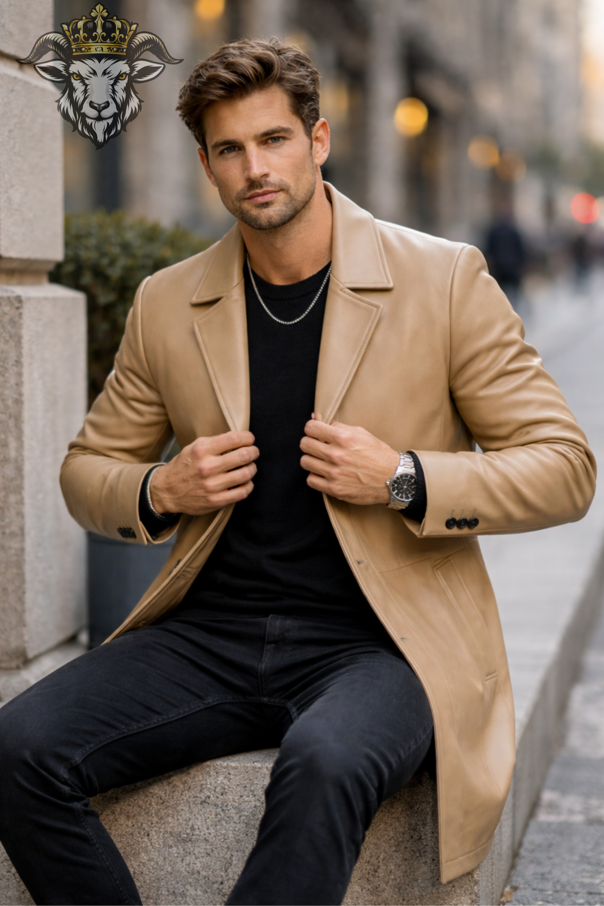 Men's Beige Real Leather Overcoat, Slim Fit Mid-Thigh Coat, Tailored Lapel Jacket, Minimal Classic Leather Outerwear