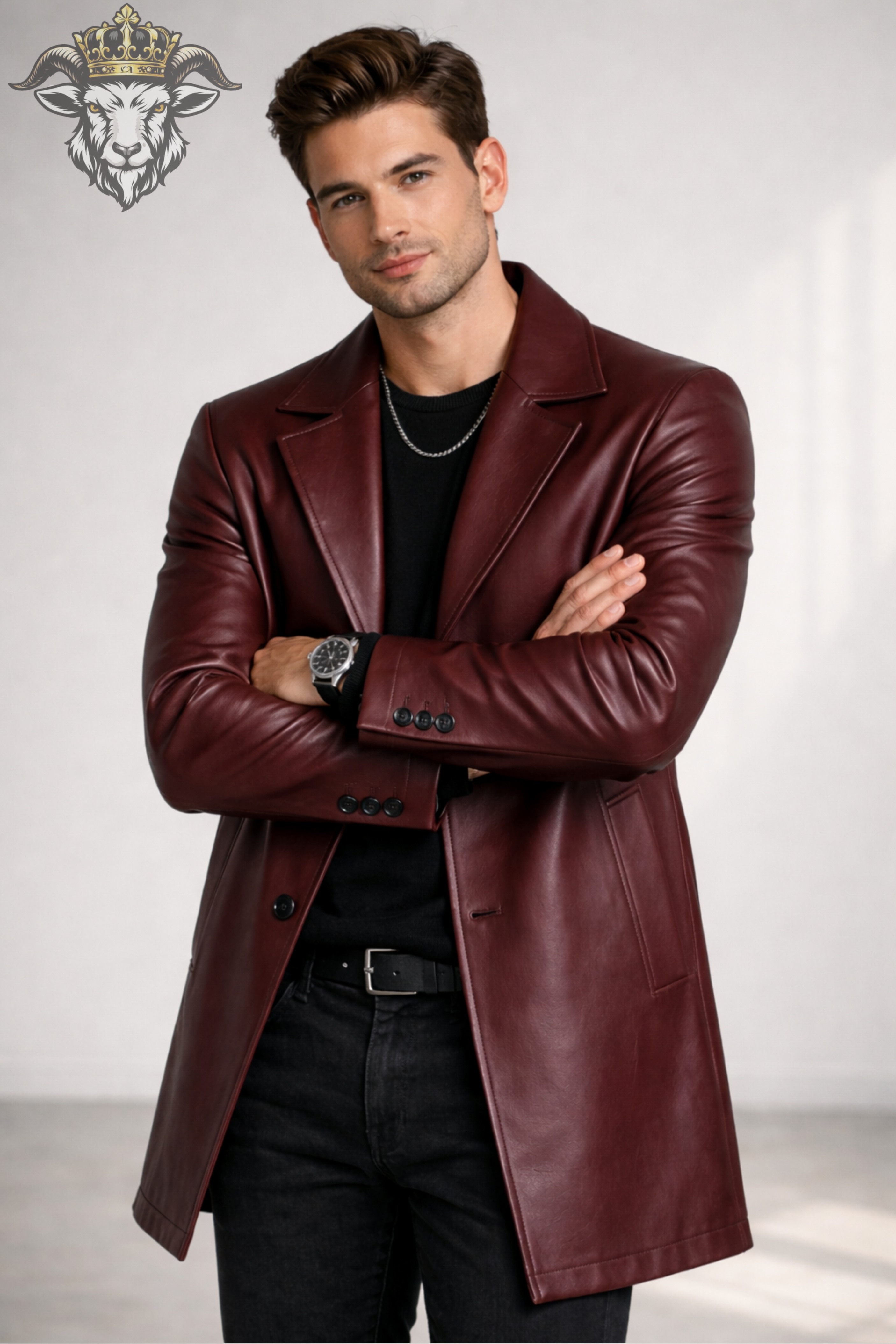Men’s Burgundy Real Leather Coat – Mid-Thigh Length Premium Tailored Overcoat with Wide Lapels & Button Closure