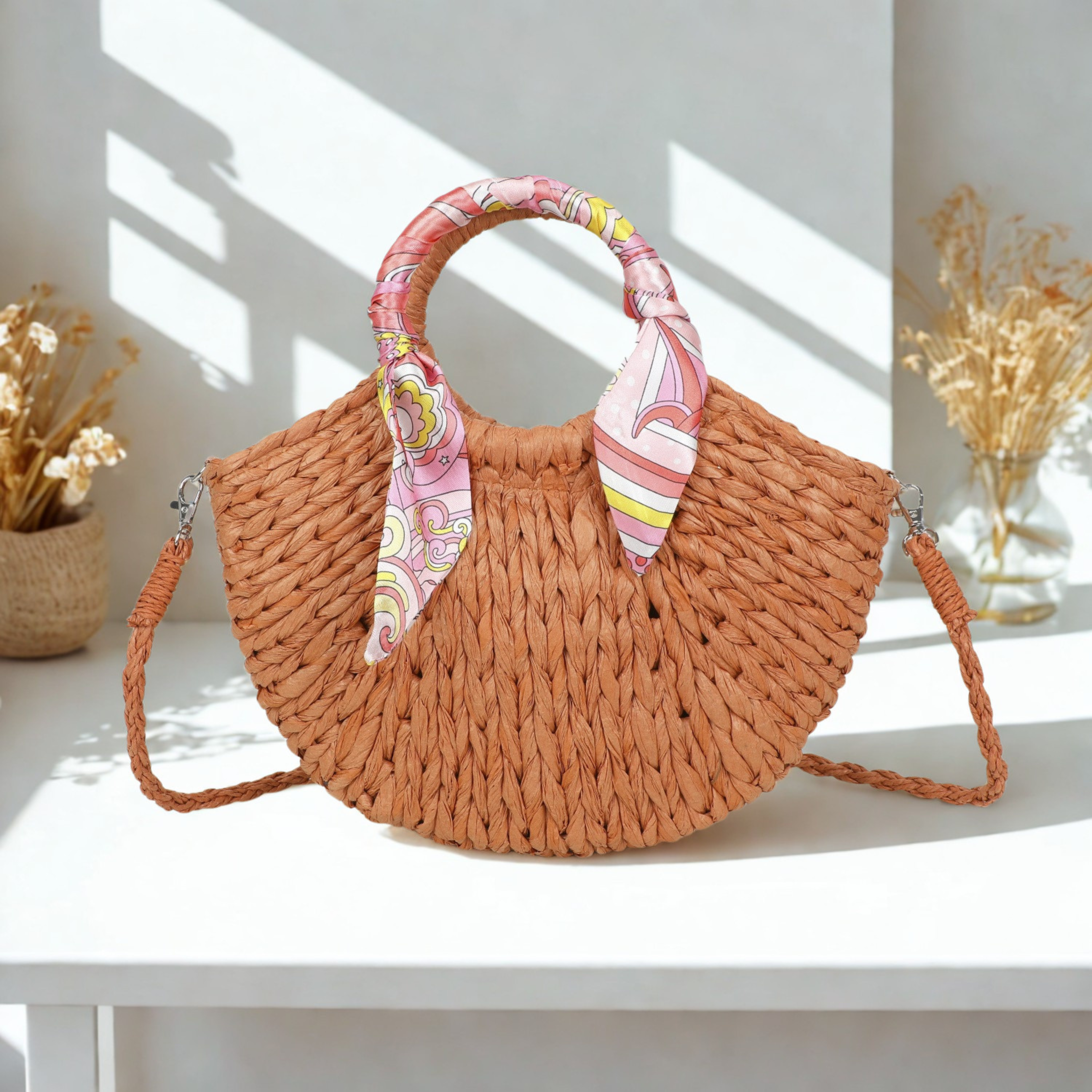 Women’s Synthetic Handbag with Detachable Strap & Scarf – Zip Top Closure Multiway Crossbody Shoulder Bag