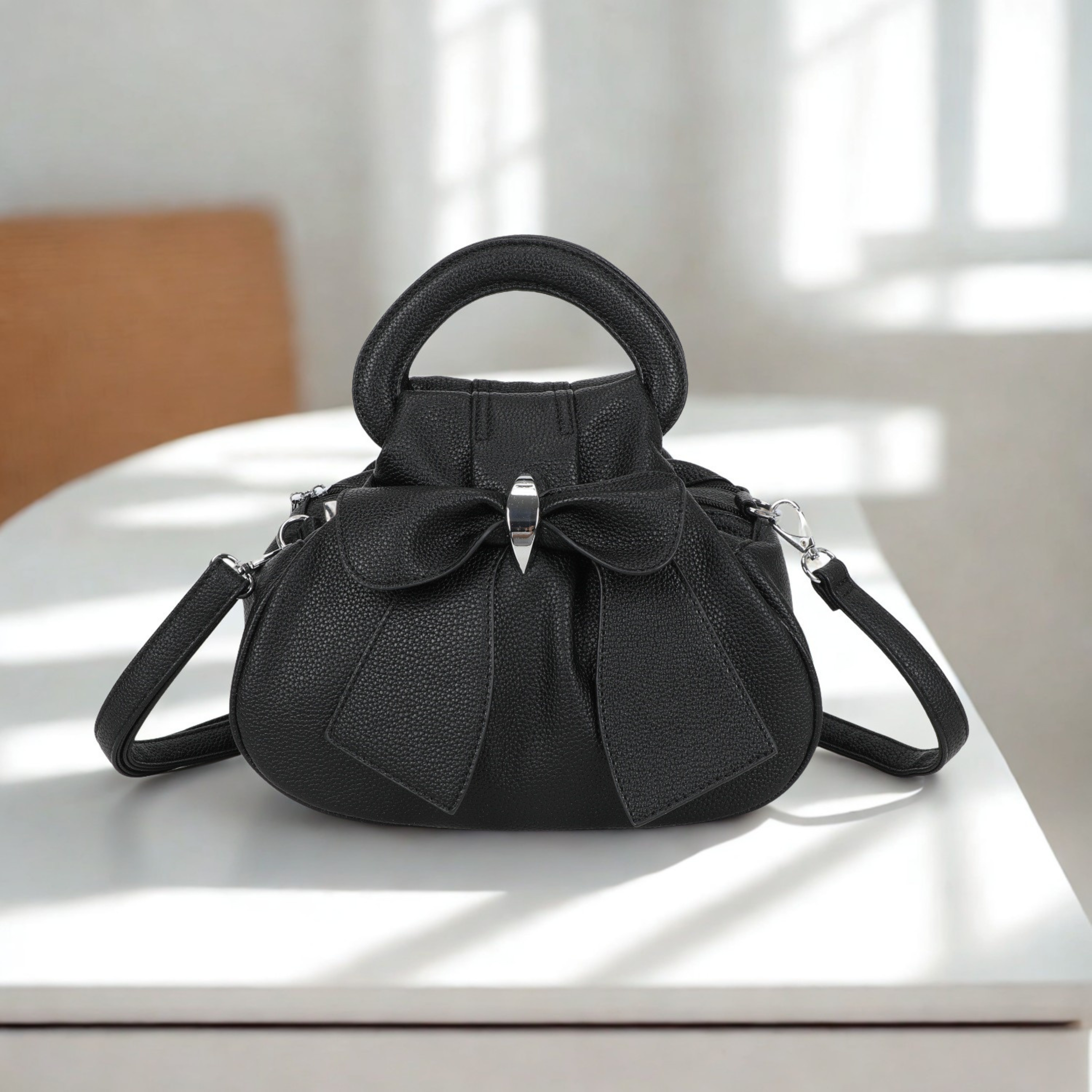 Ladies Bow Grab Bag Synthetic Handbag Crossbody Shoulder Bag 3 Zip Closure