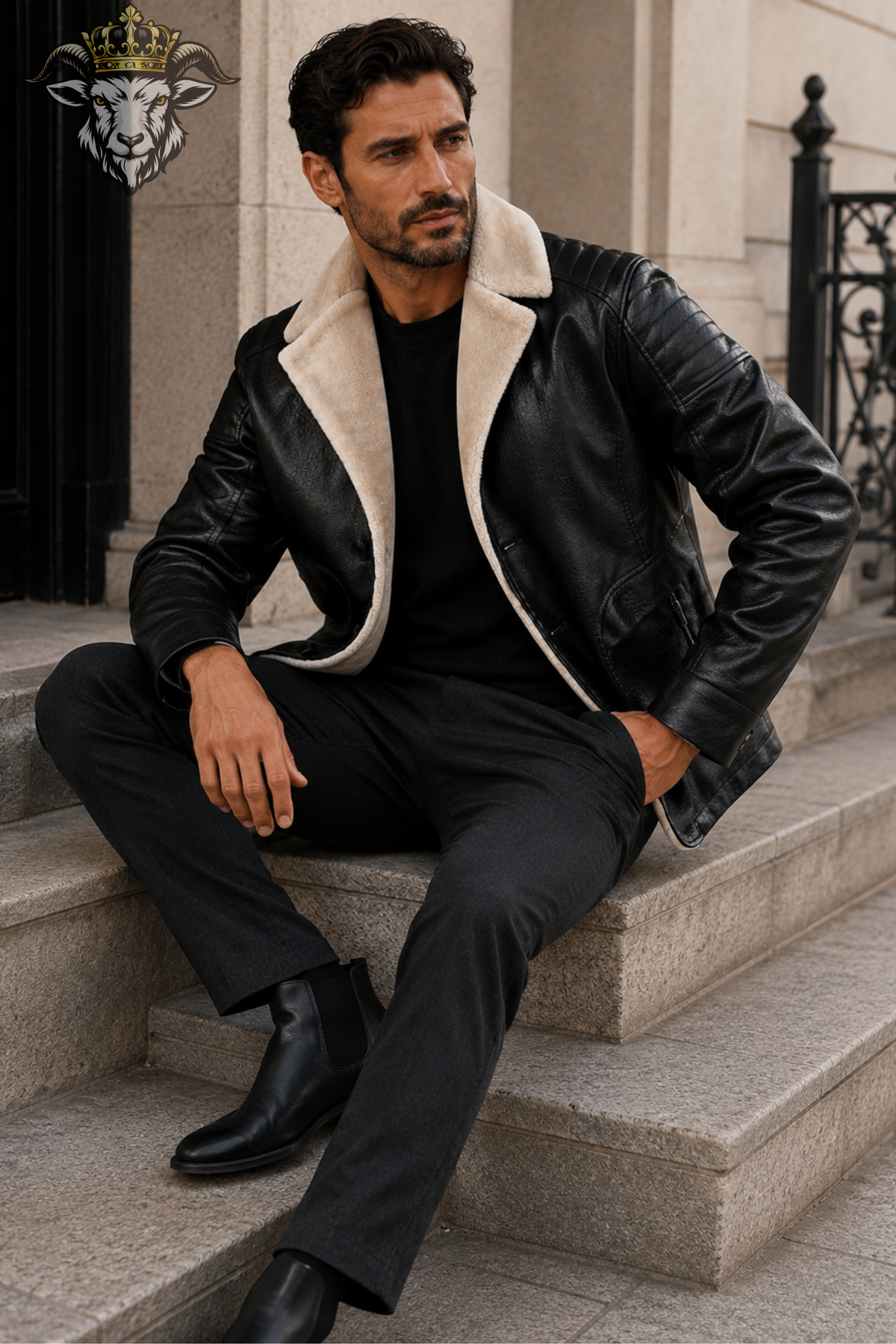 Men’s Black Leather Shearling Jacket, Warm Winter Aviator Coat, Cream Fur Collar Biker Jacket, Stylish Men’s Leather Outerwear