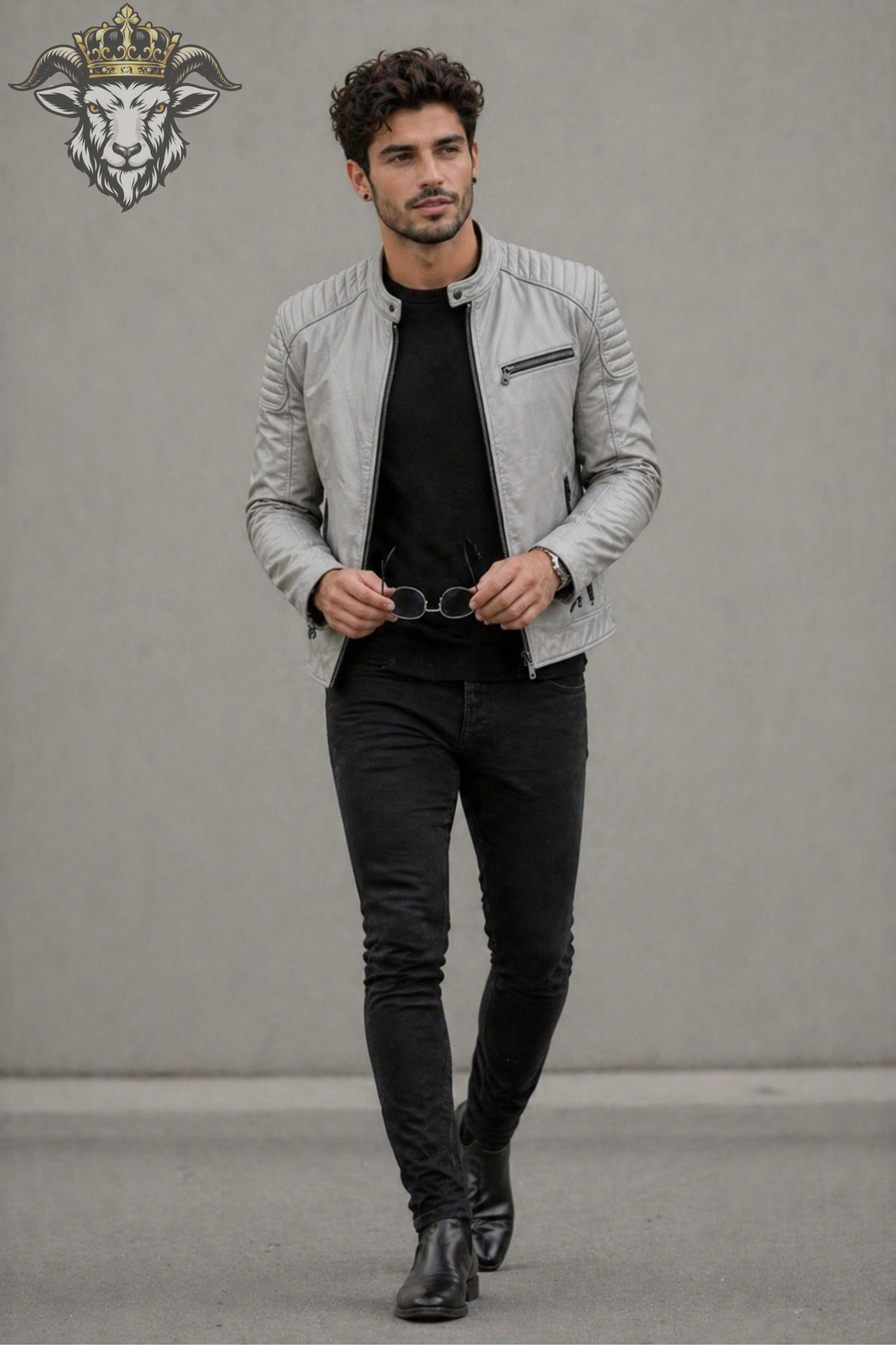 Men’s Light Grey Real Leather Roadster Jacket