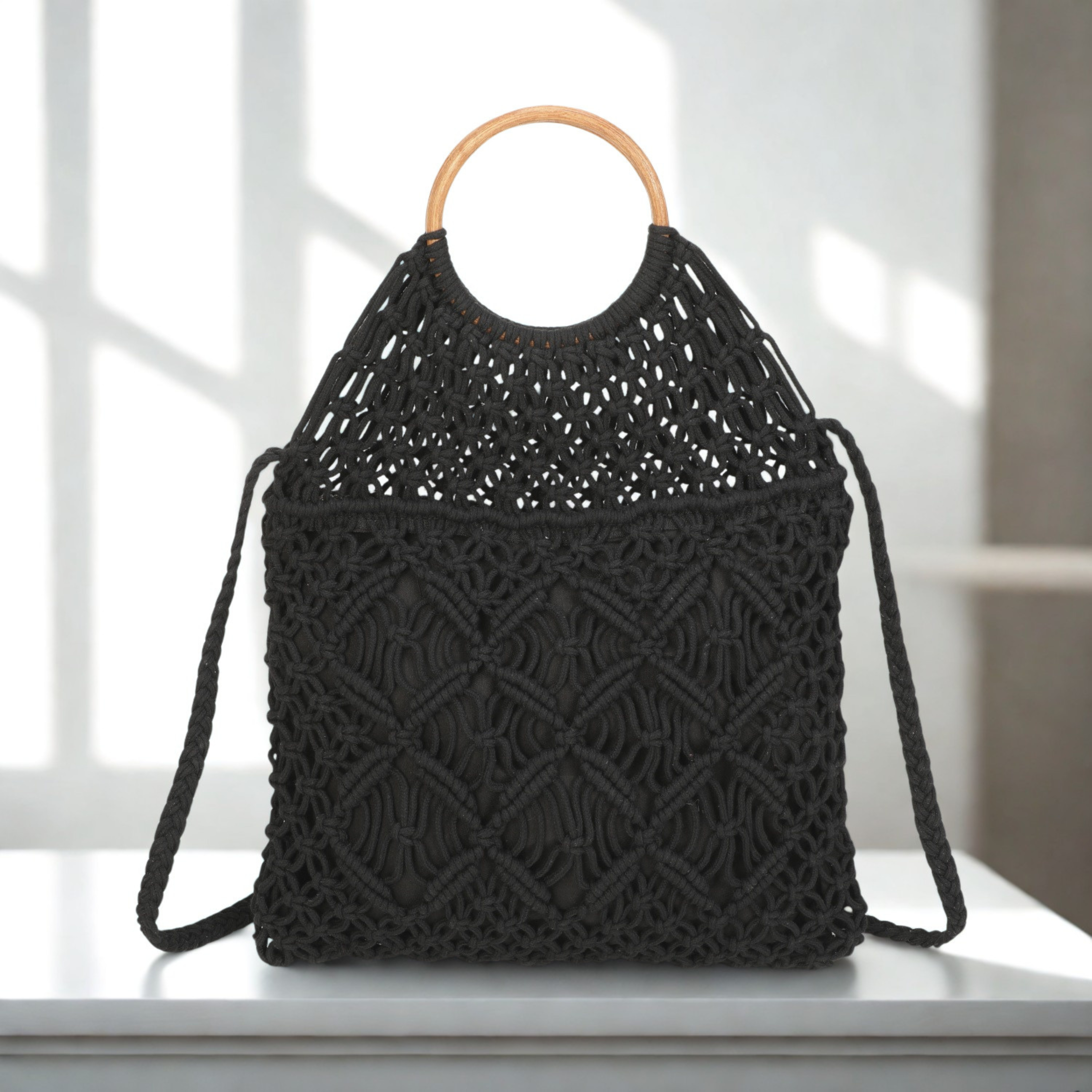 Boho Crochet Handbag with Circle Wooden Handles – Knitted Macramé Shoulder Bag for Women