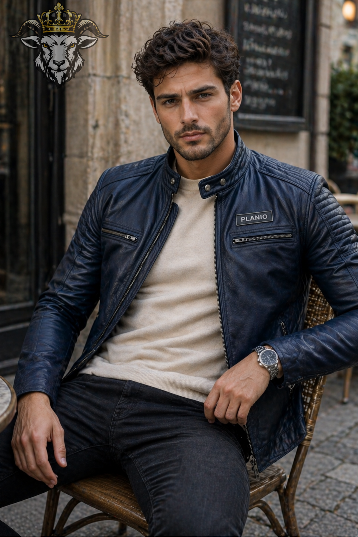 Men's Navy Blue Real Leather Biker Jacket, PLANIO Quilted Cafe Racer Moto Jacket, Slim Fit Motorcycle Outerwear, Zip Pocket Jacket