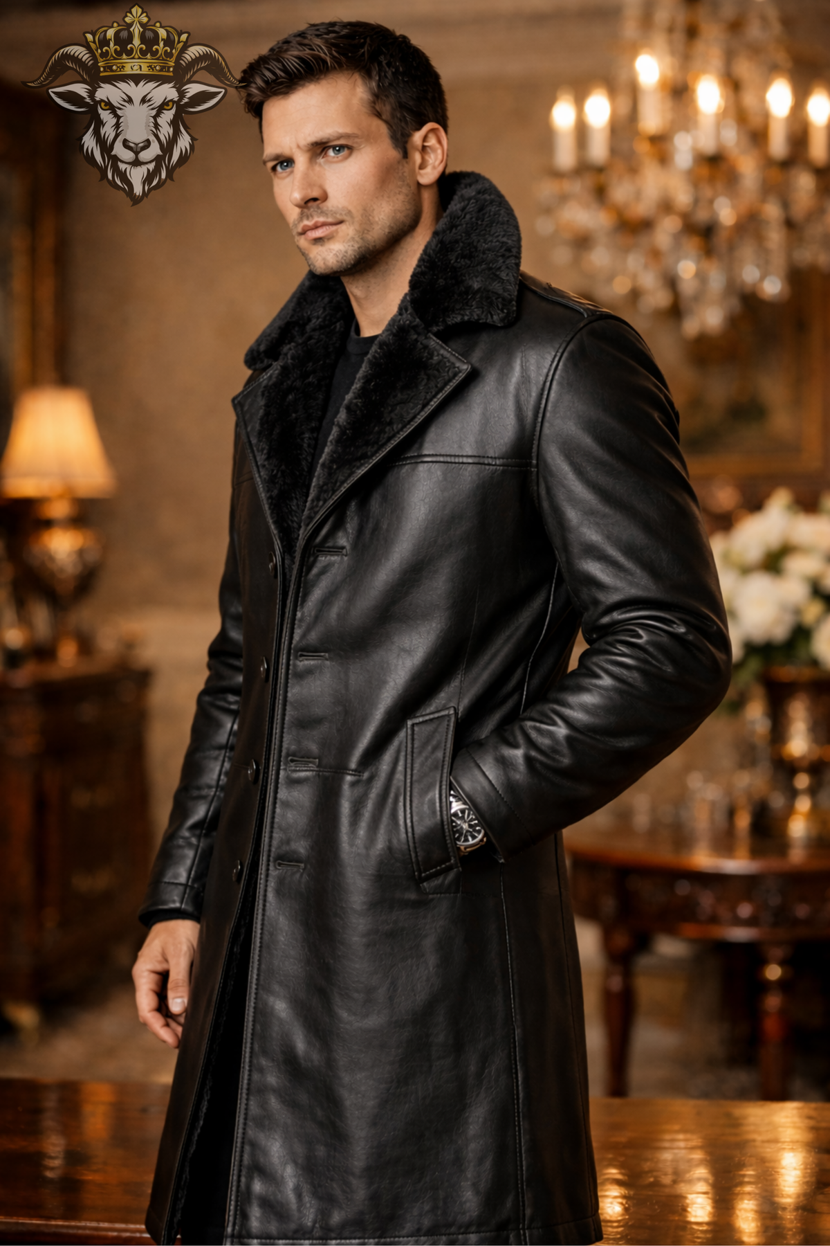 Men Black Real Leather Long Coat Faux Fur Lined Winter Coat Below Knee Trench Coat Button Closure Luxury Leather Overcoat