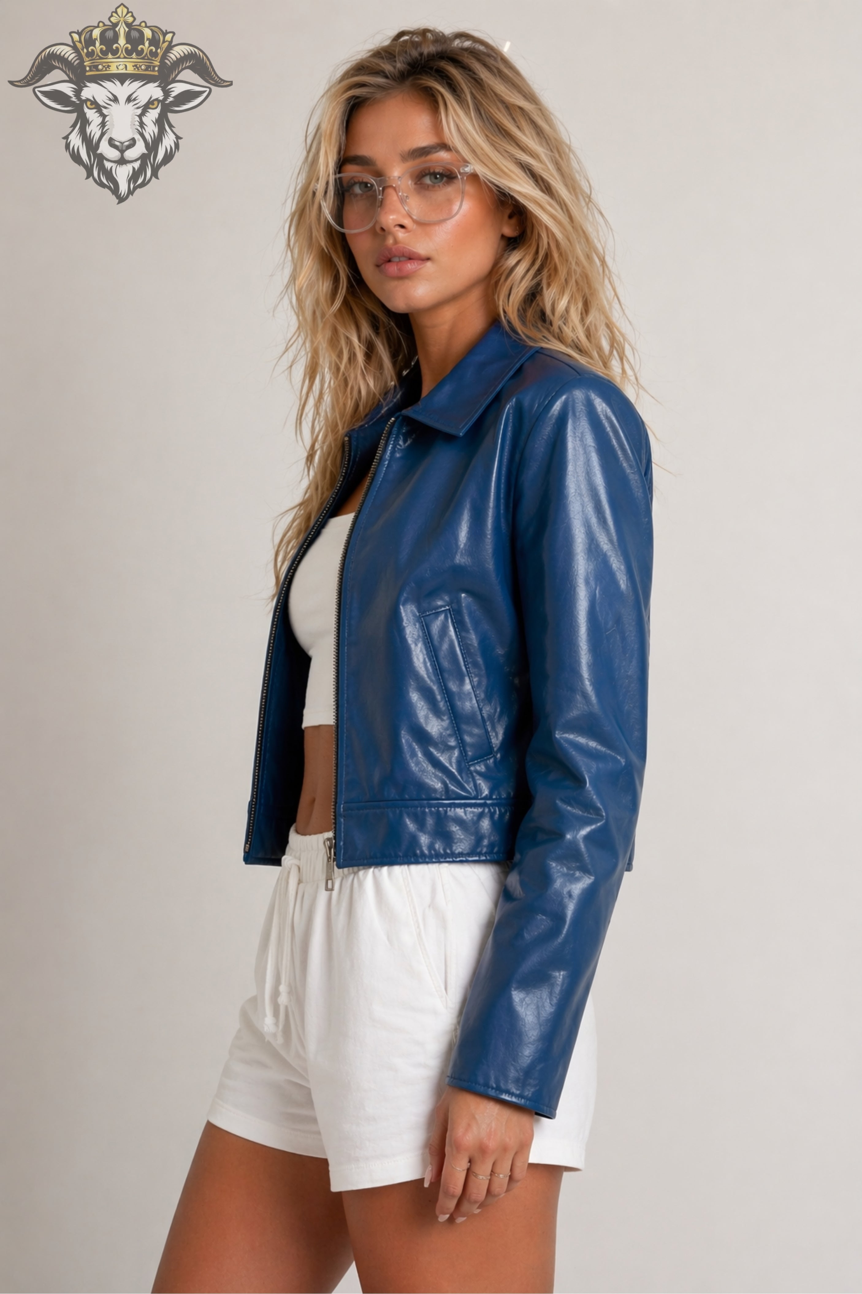 Women’s Blue Real Leather Cropped Jacket