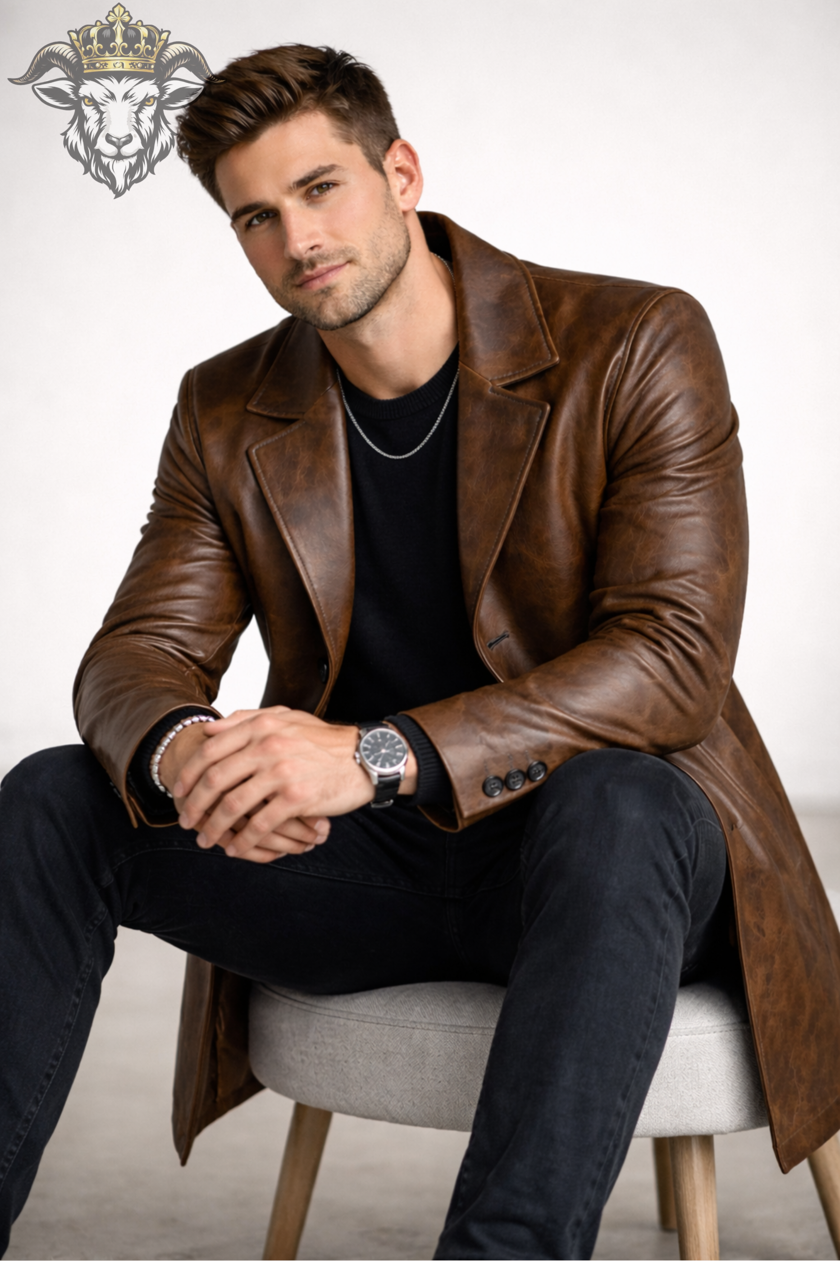 Men’s Distressed Brown Real Leather Coat – Mid-Thigh Premium Vintage Style Jacket | Classic Tailored Fit Winter Overcoat