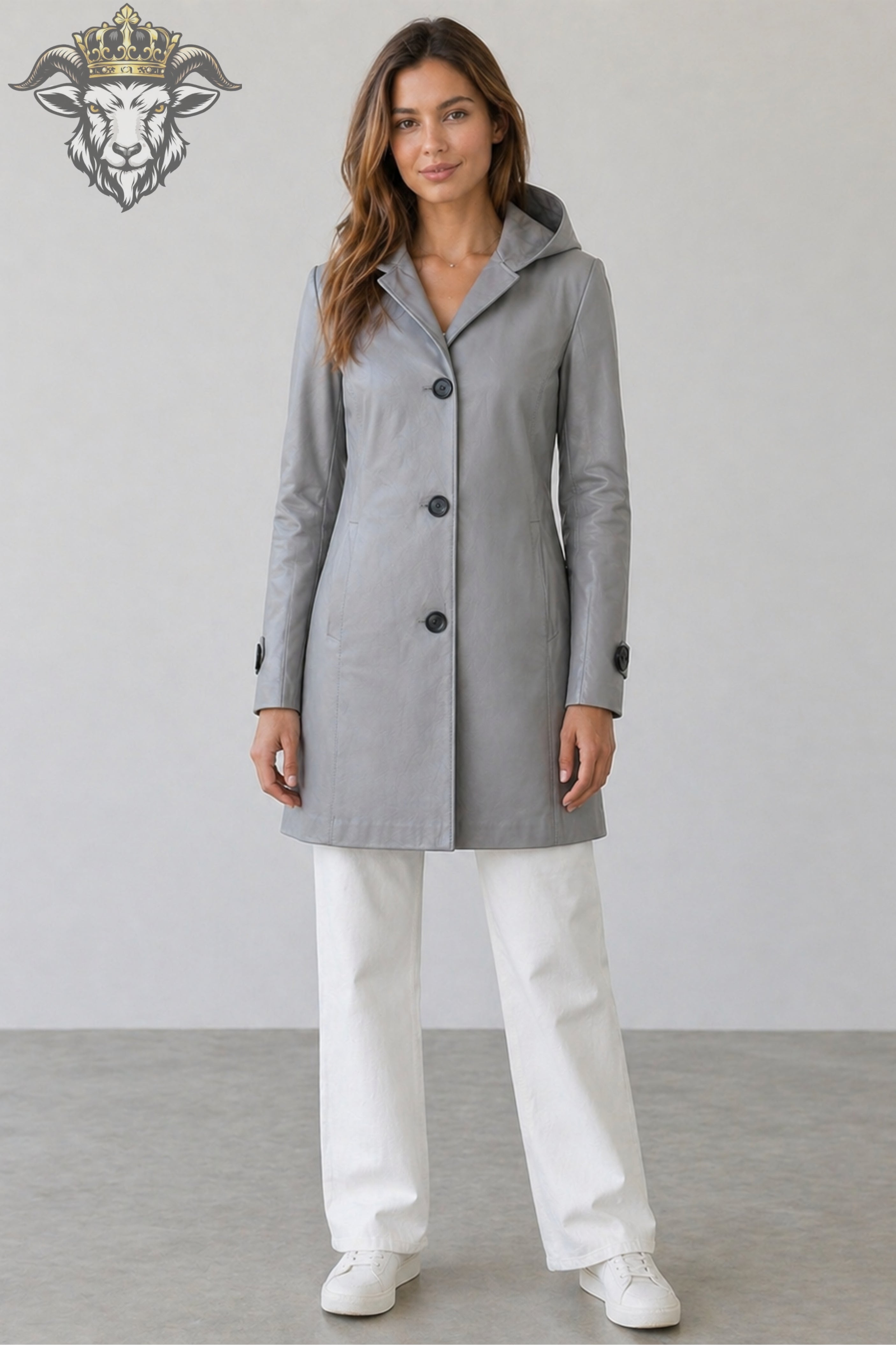 Women’s Grey Real Leather Hooded Coat