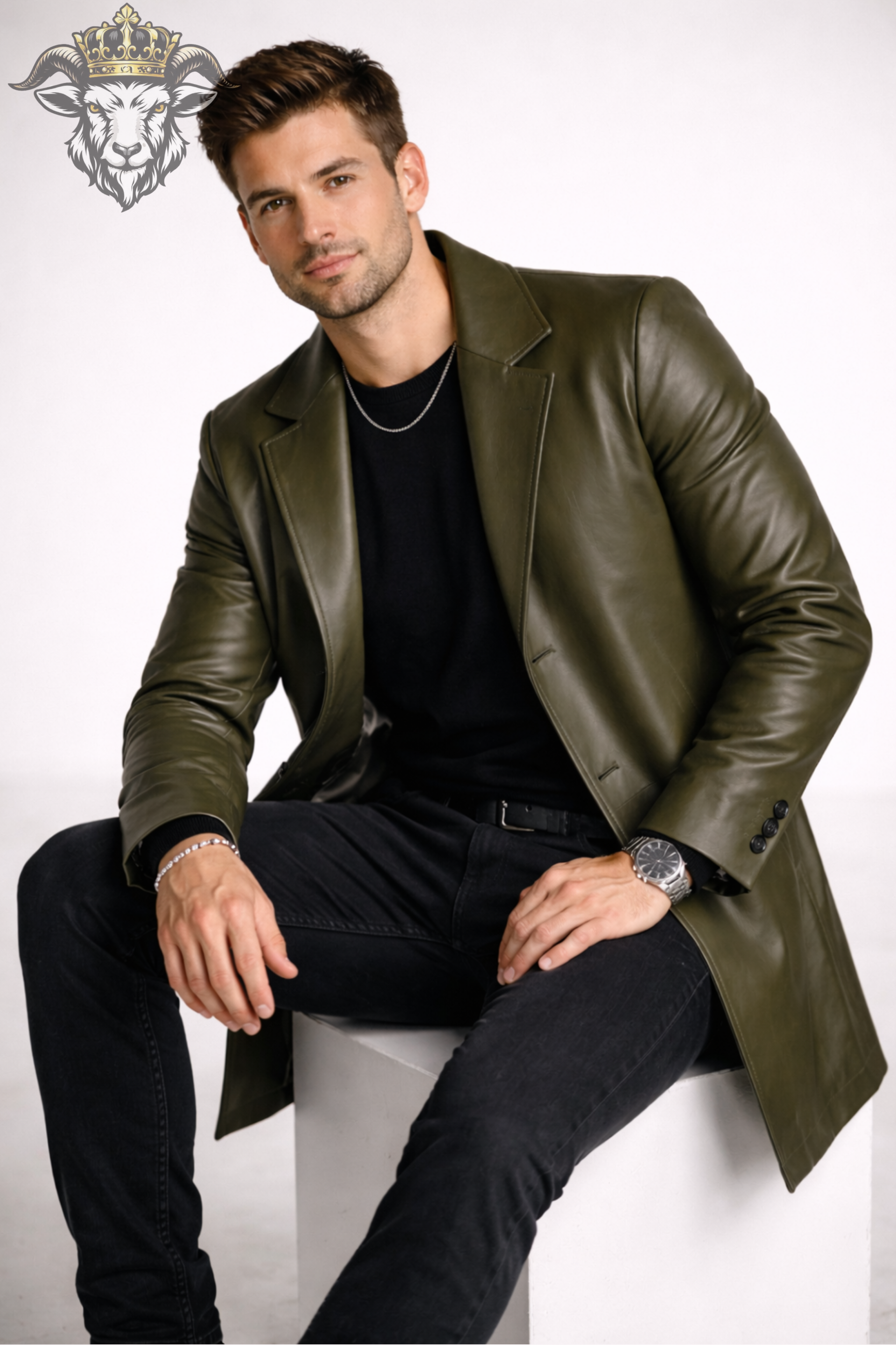 Men’s Olive Green Real Leather Coat – Mid-Thigh Premium Leather Overcoat | Slim Fit Classic Lapel Winter Jacket for Men