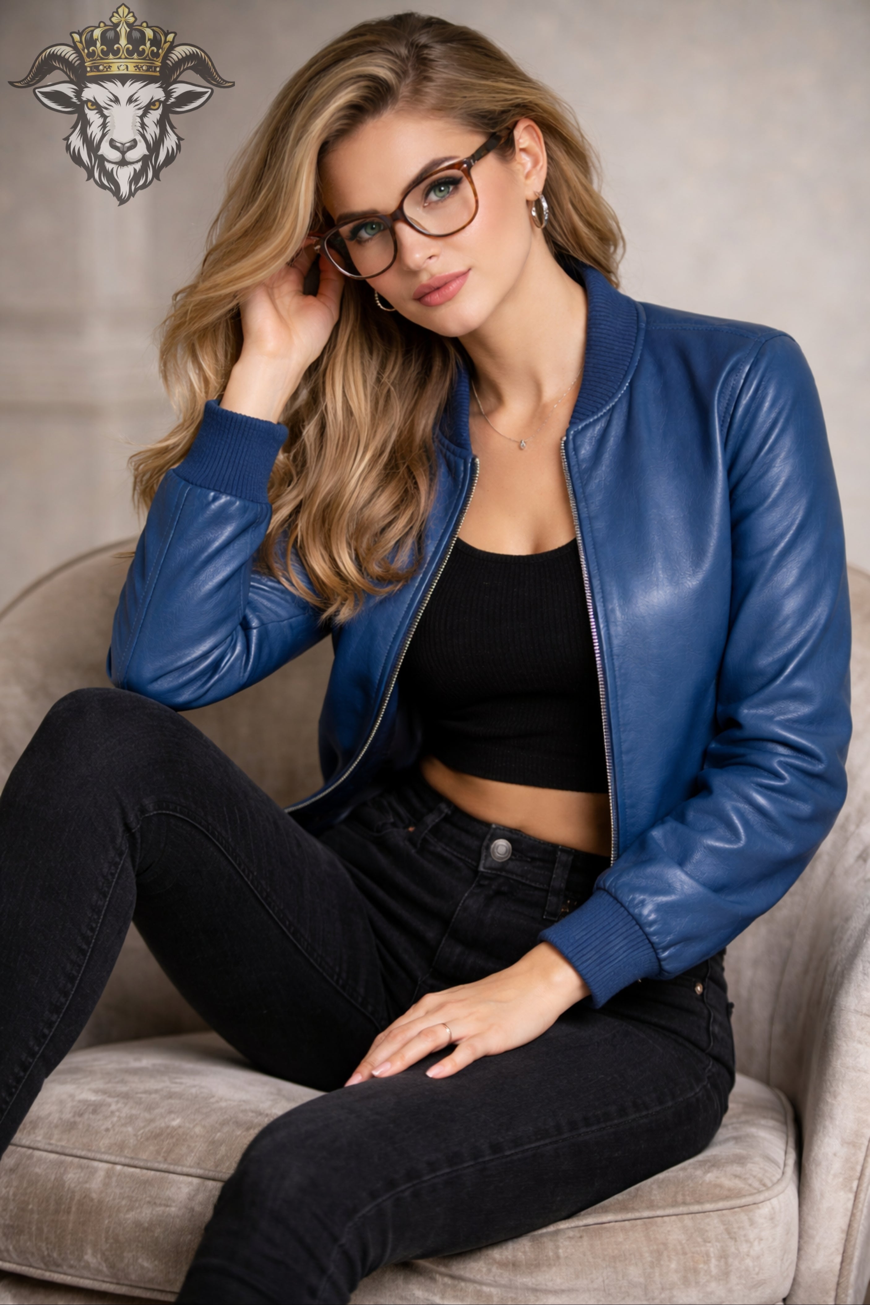 Women’s Blue Leather Bomber Jacket