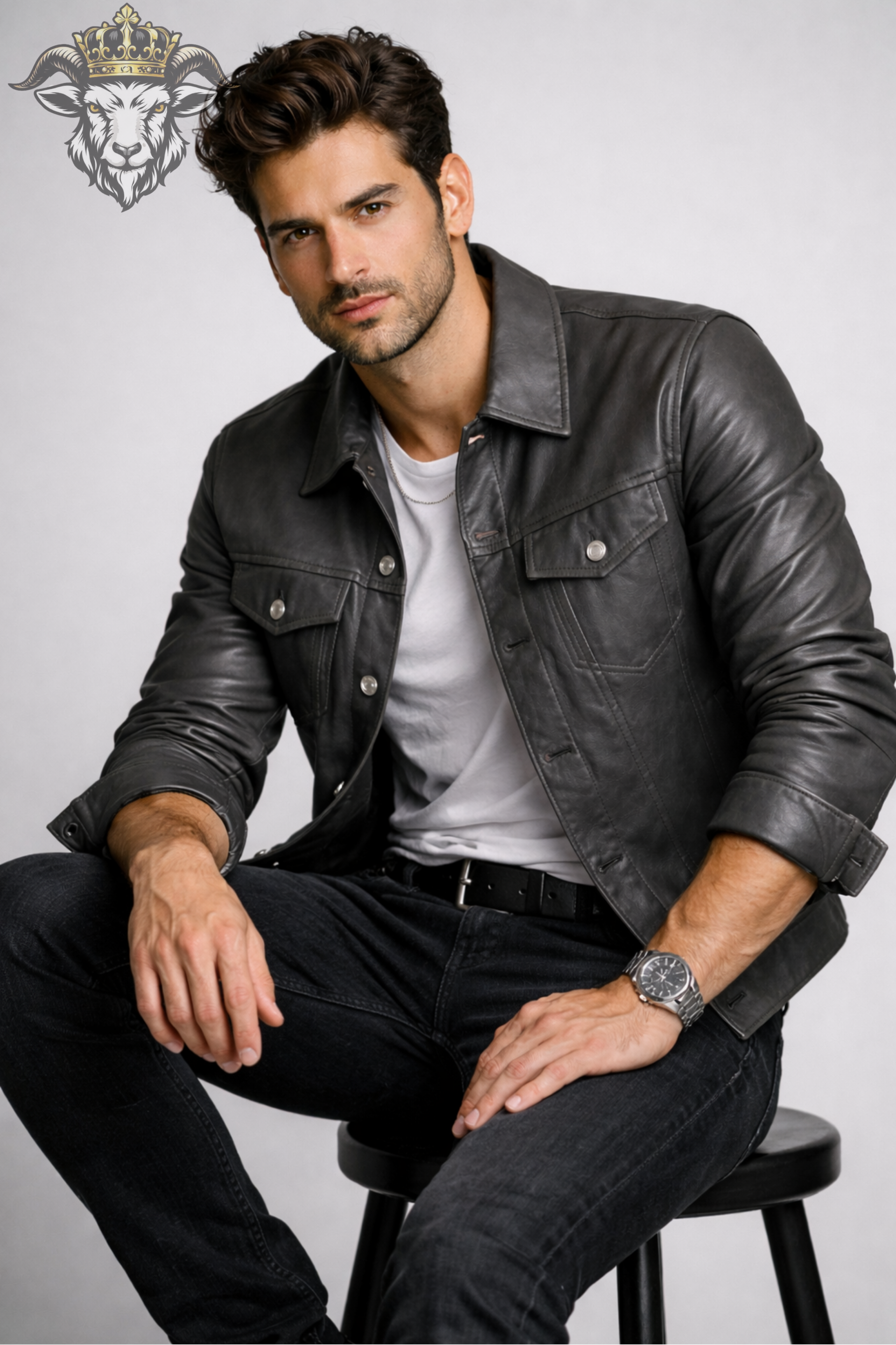 Men’s Grey Real Leather Trucker Jacket