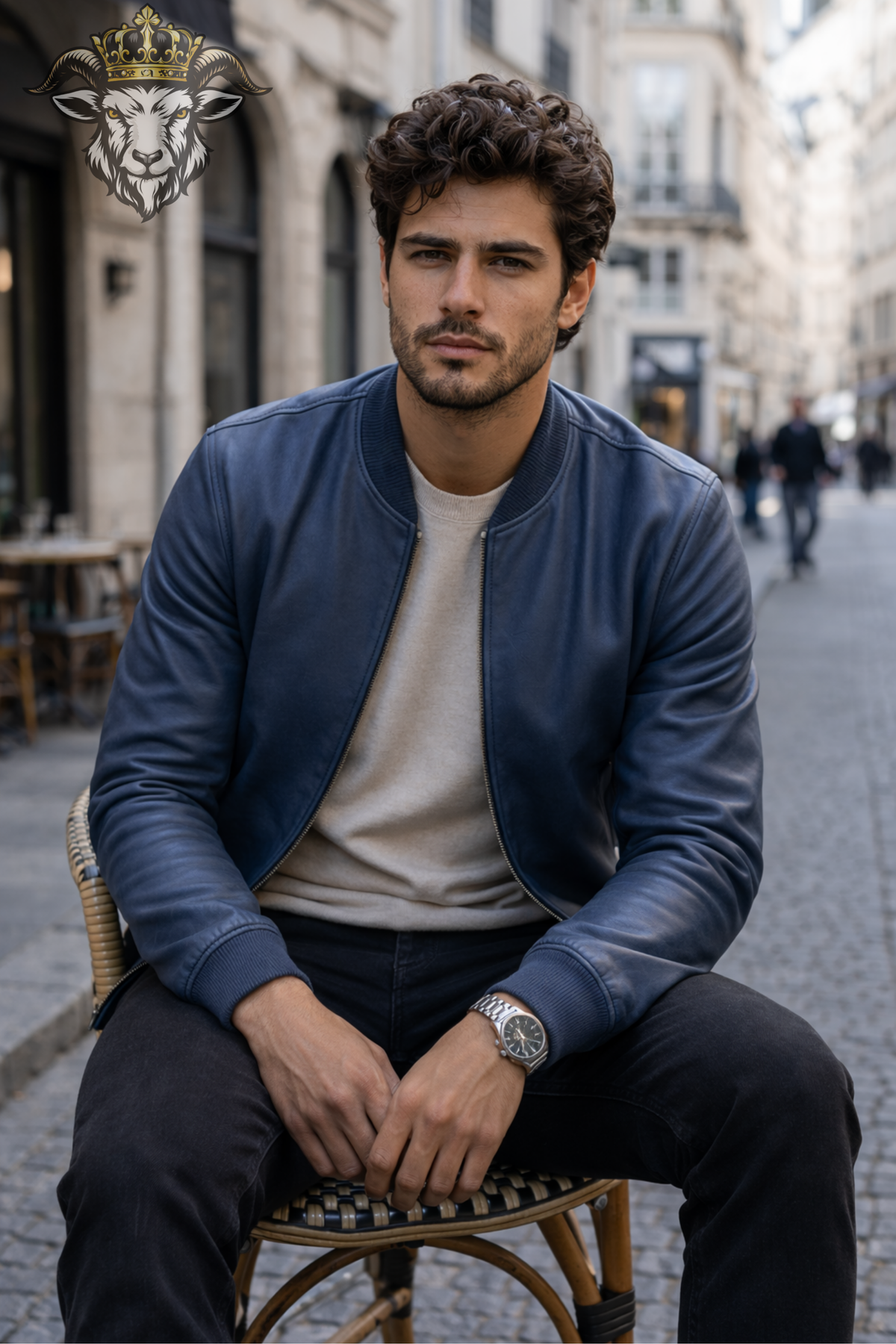 Men's Blue Leather Bomber Jacket, Classic Zip Front Jacket, Ribbed Collar & Cuffs, Modern Casual Streetwear, Stylish Men's Outerwear